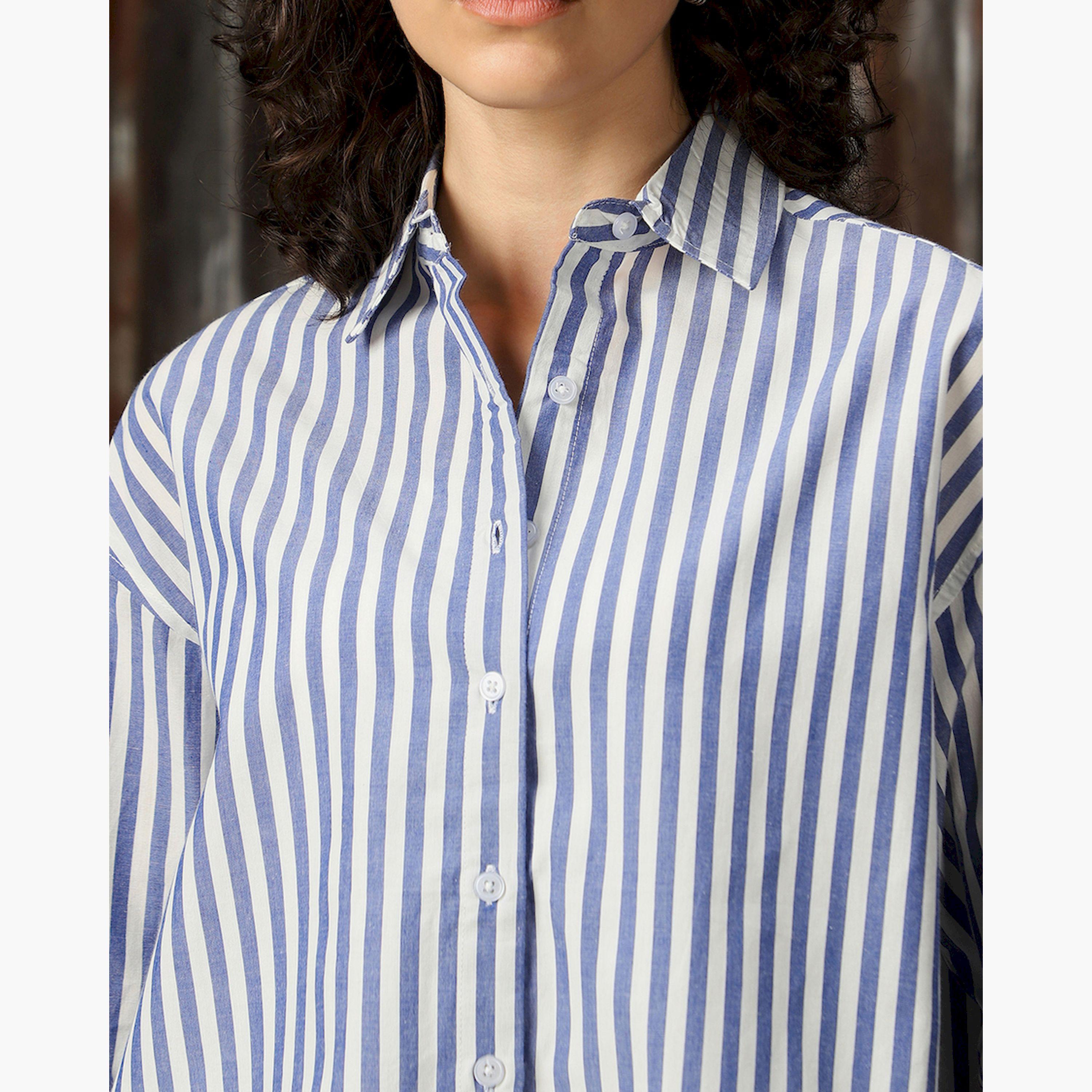 هاي ستار × ستايلي - قميص مخطط بياقة واسعة وأزرار-women-clothing-shirtsandblouses-shirts-image-4