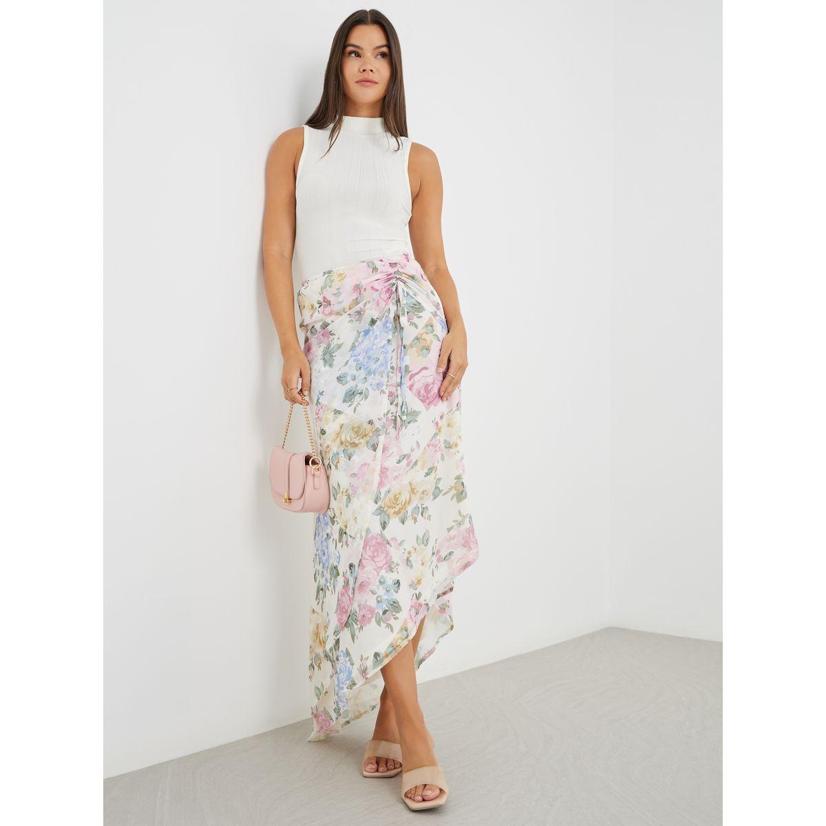Styli Floral Print Side Ruched Asymmetric Hem Maxi Skirt-women-clothing-bottoms-skirts-image-1