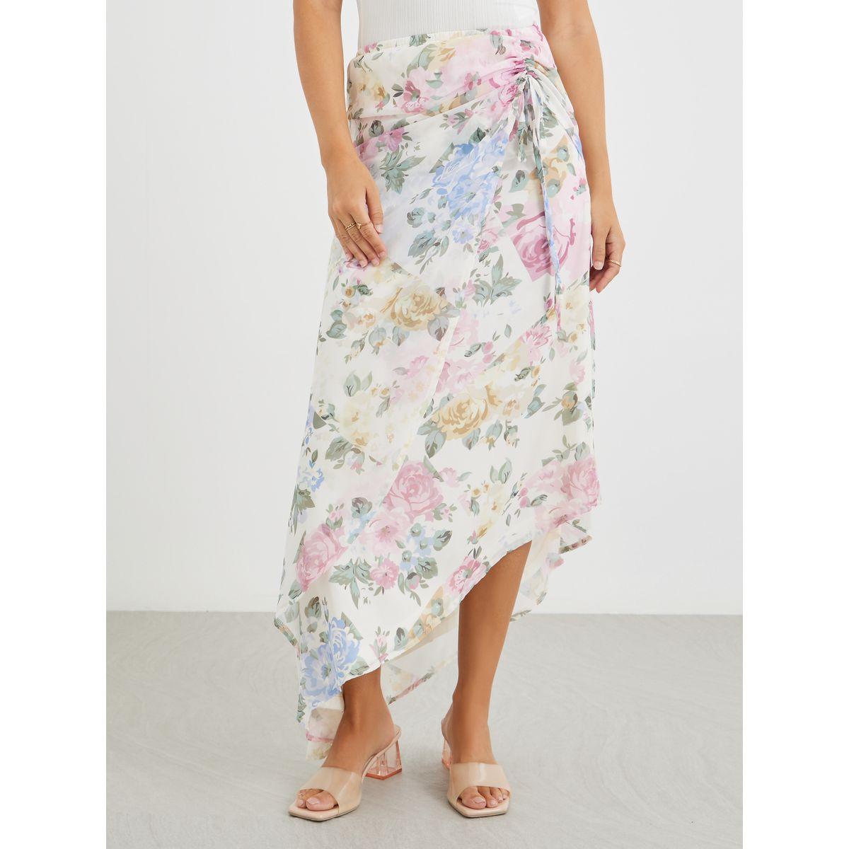 Styli Floral Print Side Ruched Asymmetric Hem Maxi Skirt-women-clothing-bottoms-skirts-image-2