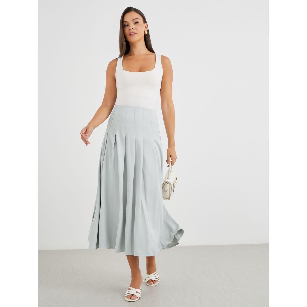 تنورة ميدي سادة بخصر متوسط وكسرات-women-clothing-bottoms-skirts-image-1