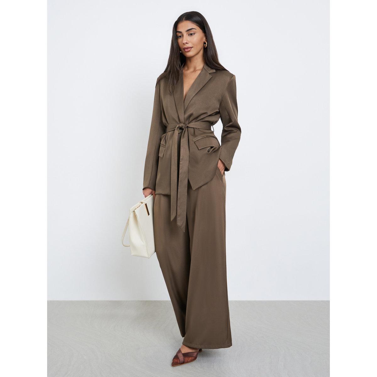 Styli Brown Wide Leg Fold Pleated Pants-women-clothing-bottoms-trousers-image-1