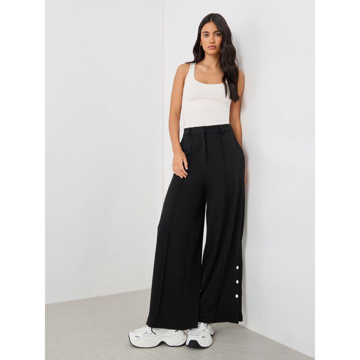 Styli Solid Pin Tuck Detail Wide Leg Pants with Side Seam Buttons-women-clothing-bottoms-trousers-image-1