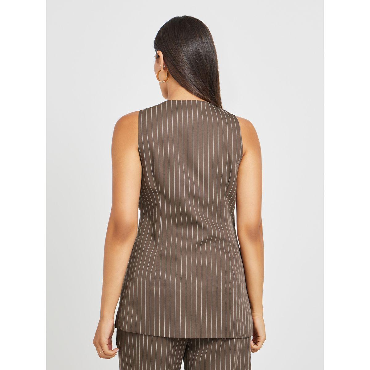 Styli Striped Round Neck Waistcoat with Button Detail-women-clothing-coatsandjackets-waistcoats-image-4