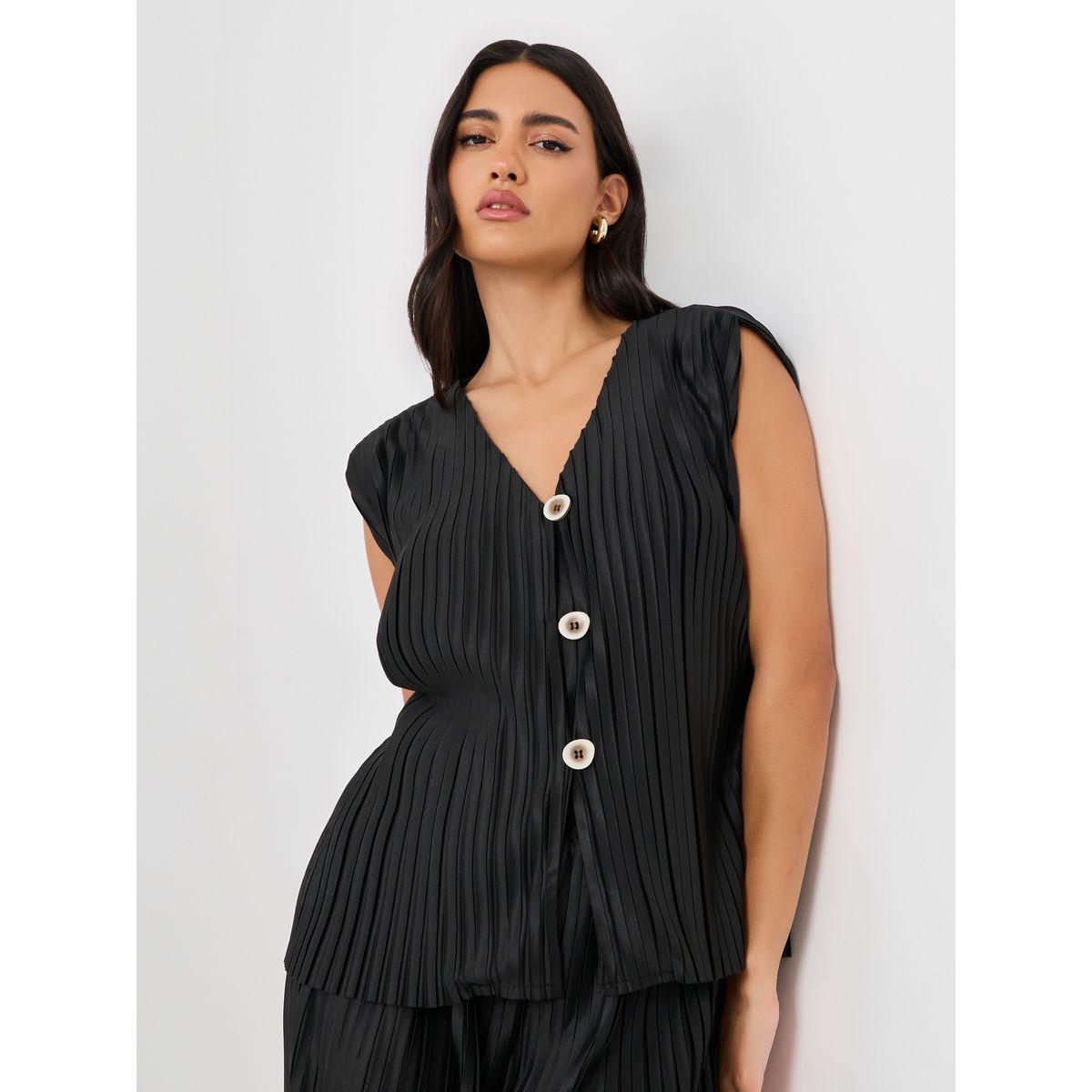 Styli Pleated V-Neck Buttoned Waistcoat-women-clothing-coatsandjackets-waistcoats-image-1