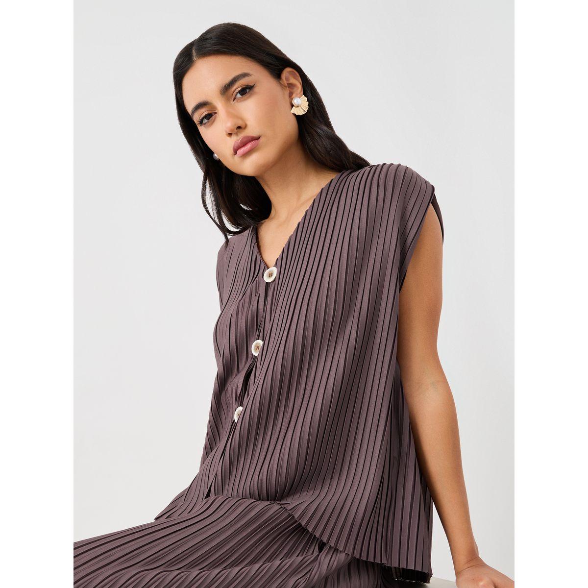 Styli Pleated V-Neck Buttoned Waistcoat-women-clothing-coatsandjackets-waistcoats-image-1