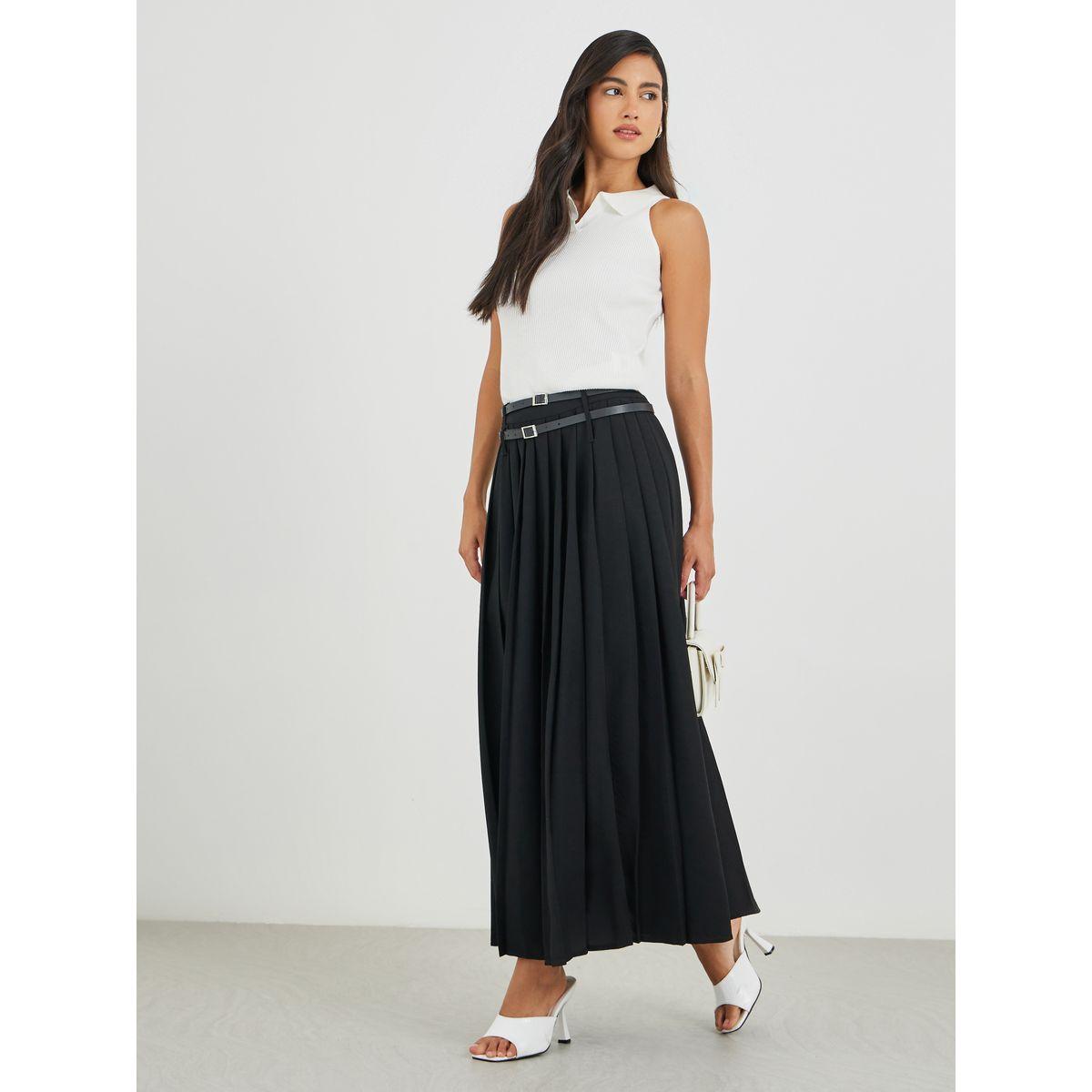 Styli Solid Gathered Detail A-Line Maxi Skirt with Belt Detail-women-clothing-bottoms-skirts-image-1