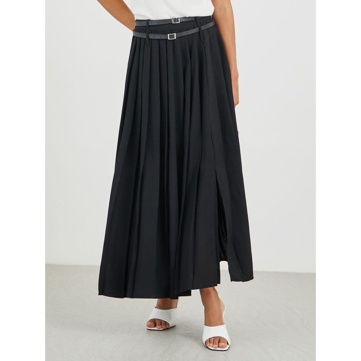 Styli Solid Gathered Detail A-Line Maxi Skirt with Belt Detail-women-clothing-bottoms-skirts-image-2