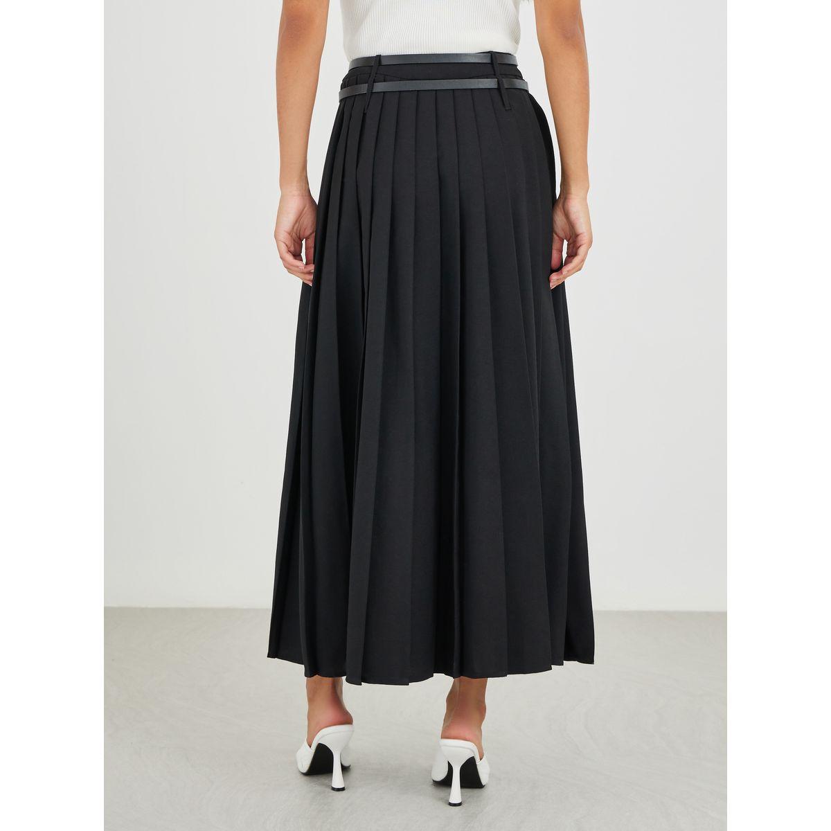 Styli Solid Gathered Detail A-Line Maxi Skirt with Belt Detail-women-clothing-bottoms-skirts-image-4
