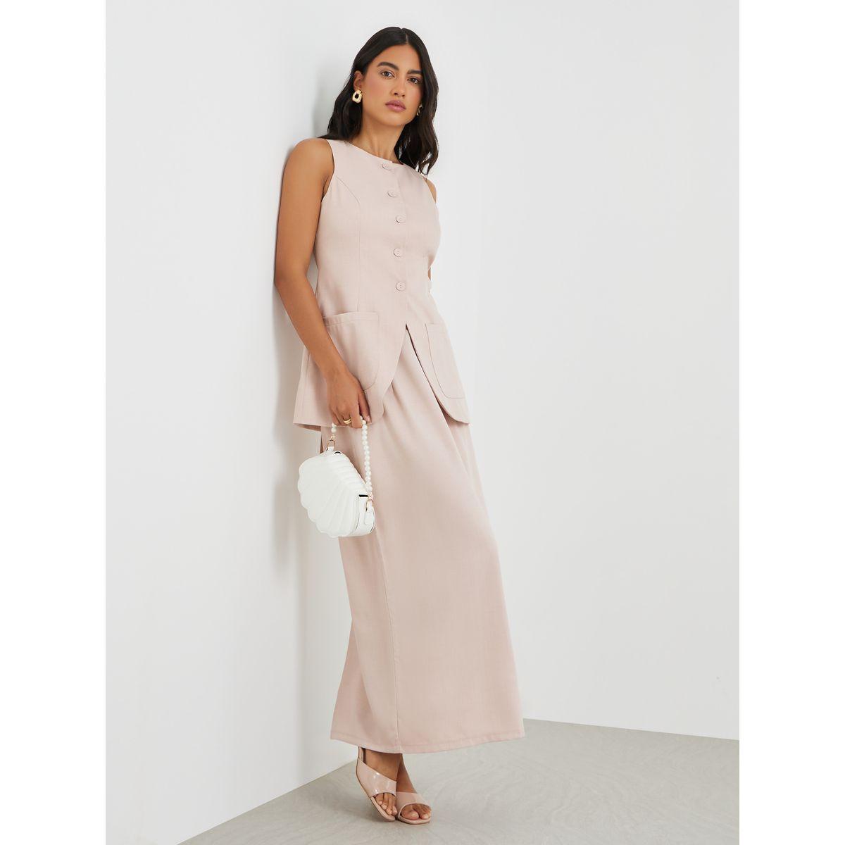تنورة طويل سادة كتان بخصر متوسط-women-clothing-bottoms-skirts-image-1