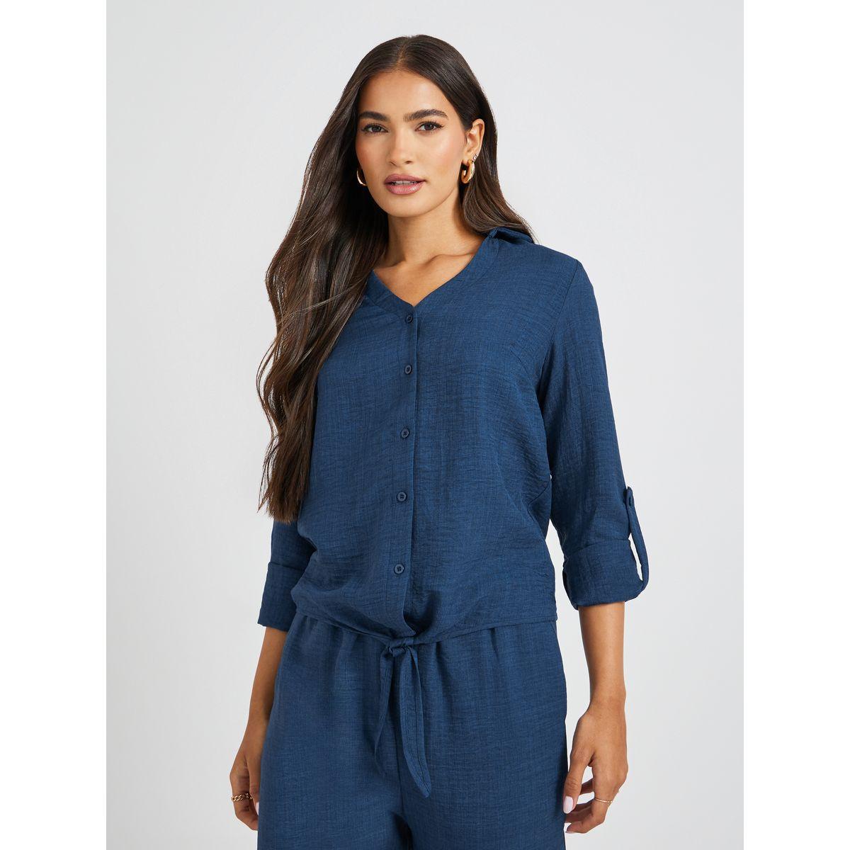Styli Solid V-Neck Buttoned Regular Fit Shirt-women-clothing-shirtsandblouses-shirts-image-1