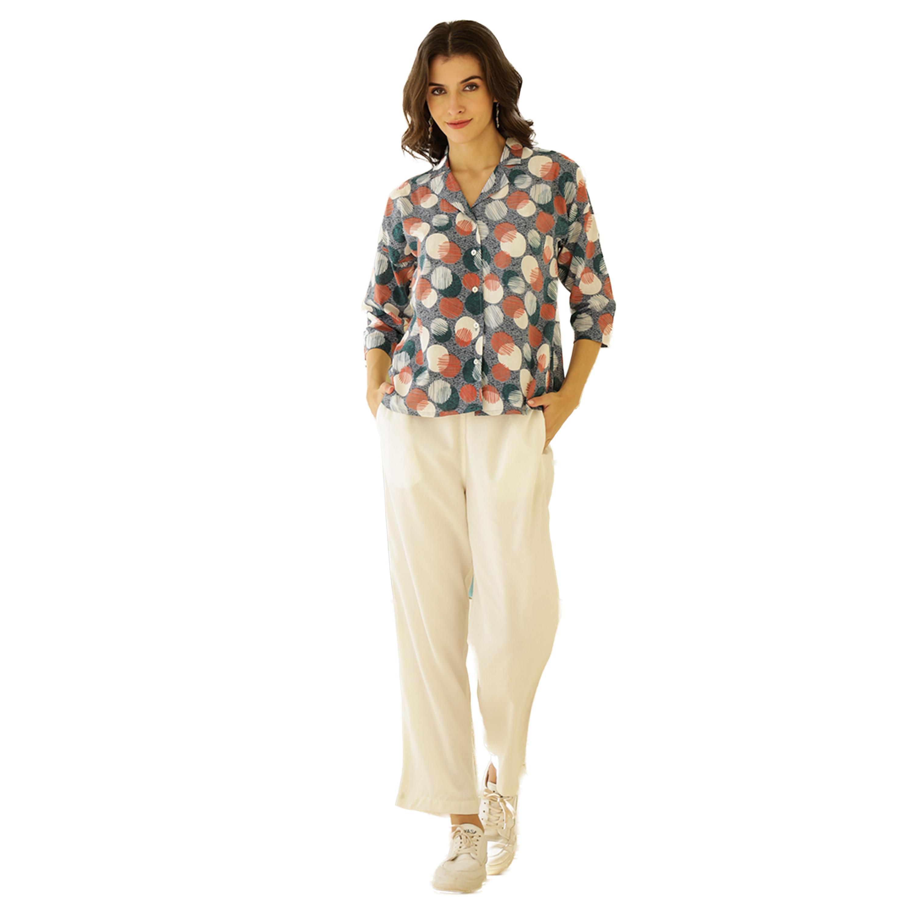 سانسكروتي هومز × ستايلي - طقم قميص بأكمام 3/4 بطبعة شاملة مع بنطال بيجامة-women-clothing-nightwear-pyjamas-longsets-image-1