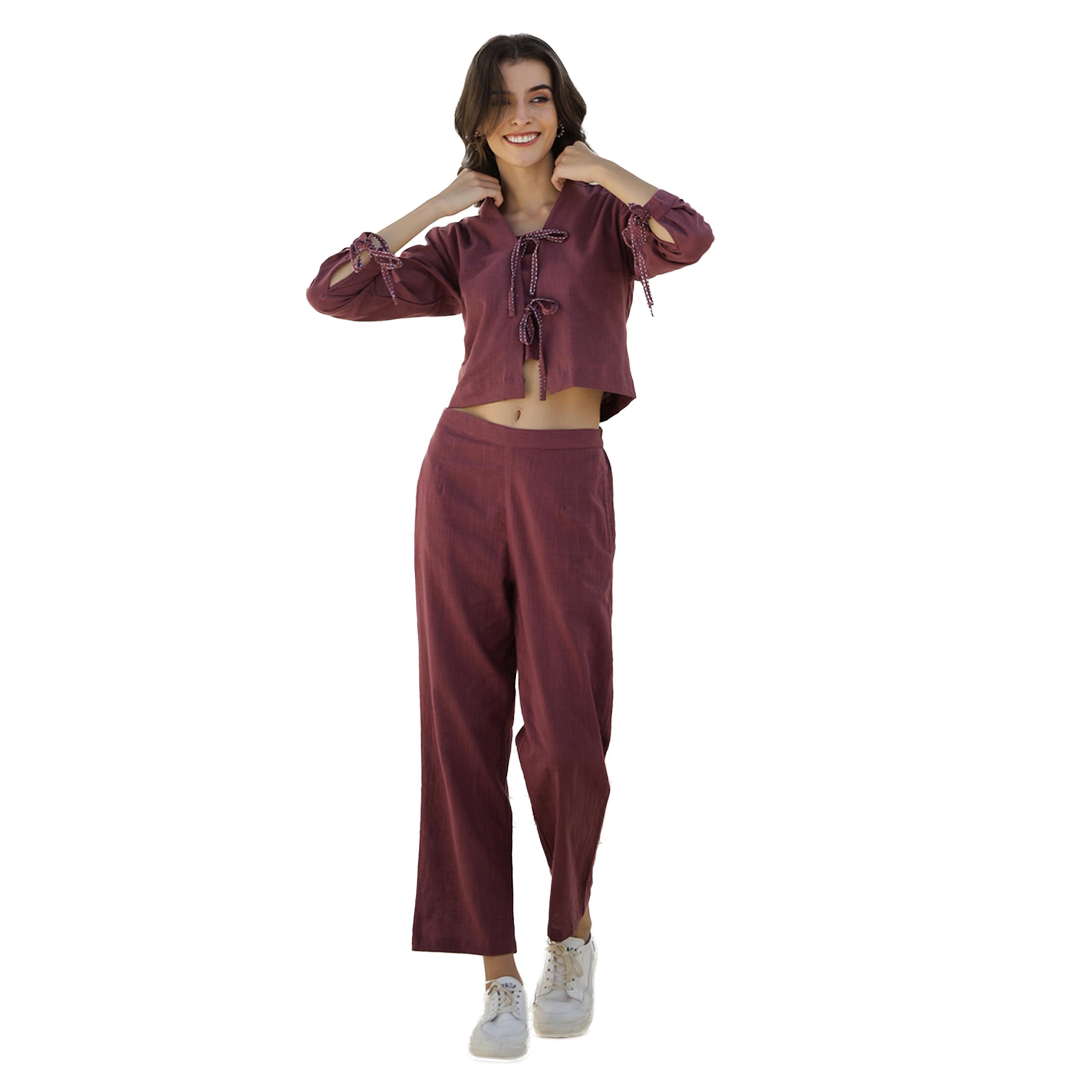 سانسكروتي هومز × ستايلي - طقم بلوزة بأكمام طويلة وتفاصيل ربطة مع بنطال-women-clothing-coordsets-image-1