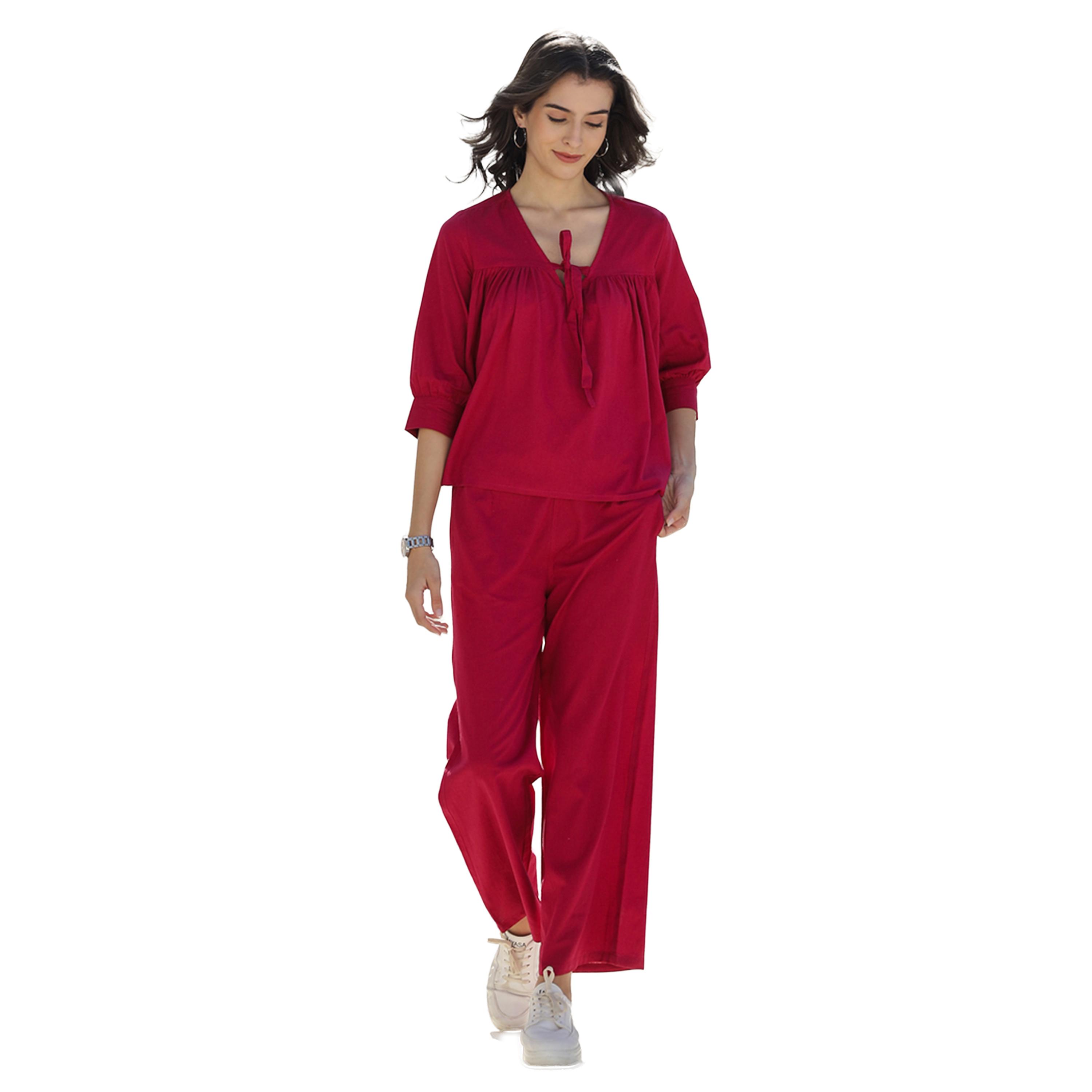 سانسكروتي هومز × ستايلي - طقم بلوزة قطنية سادة برقبة مربعة مع بنطال-women-clothing-coordsets-image-1