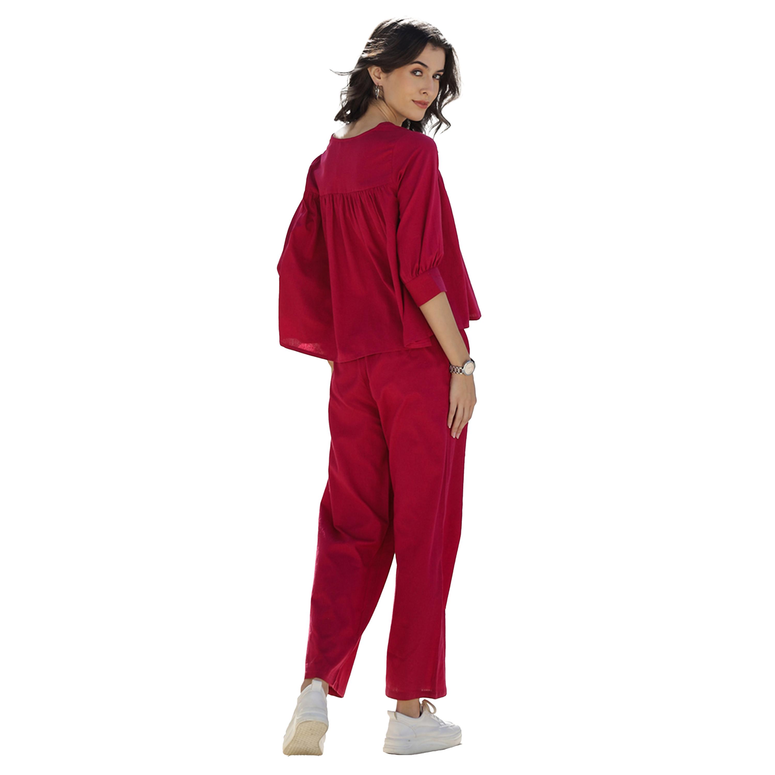 سانسكروتي هومز × ستايلي - طقم بلوزة قطنية سادة برقبة مربعة مع بنطال-women-clothing-coordsets-image-2