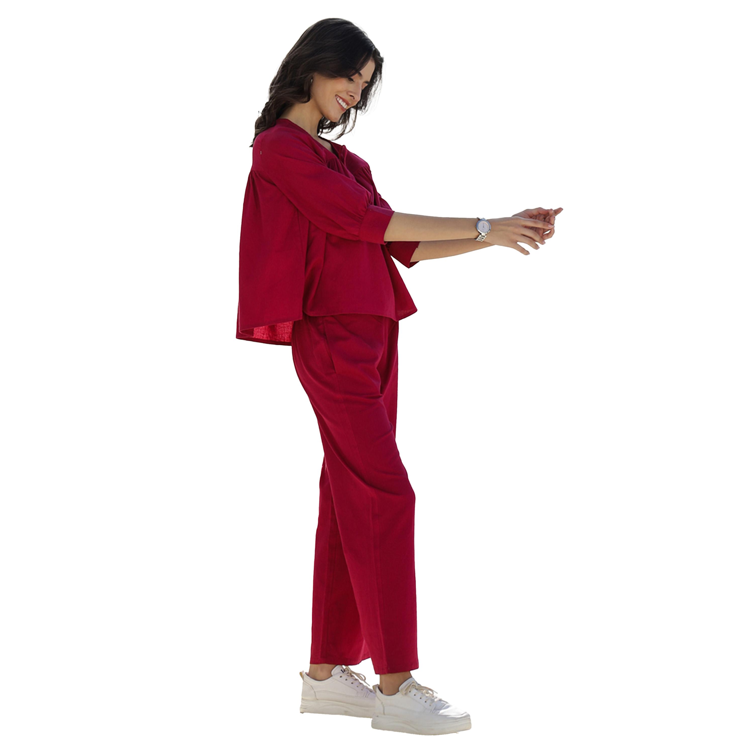 سانسكروتي هومز × ستايلي - طقم بلوزة قطنية سادة برقبة مربعة مع بنطال-women-clothing-coordsets-image-4
