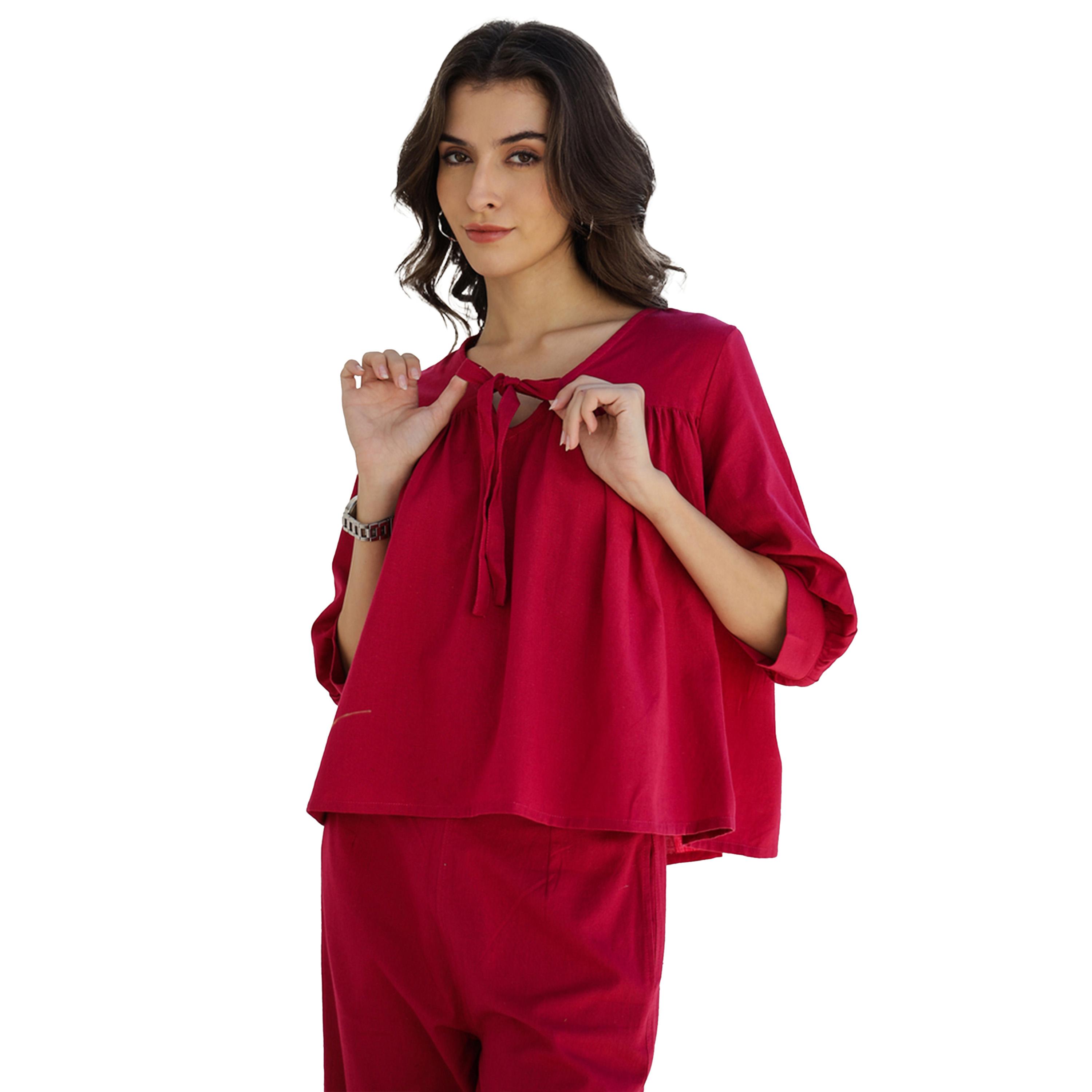 سانسكروتي هومز × ستايلي - طقم بلوزة قطنية سادة برقبة مربعة مع بنطال-women-clothing-coordsets-image-5