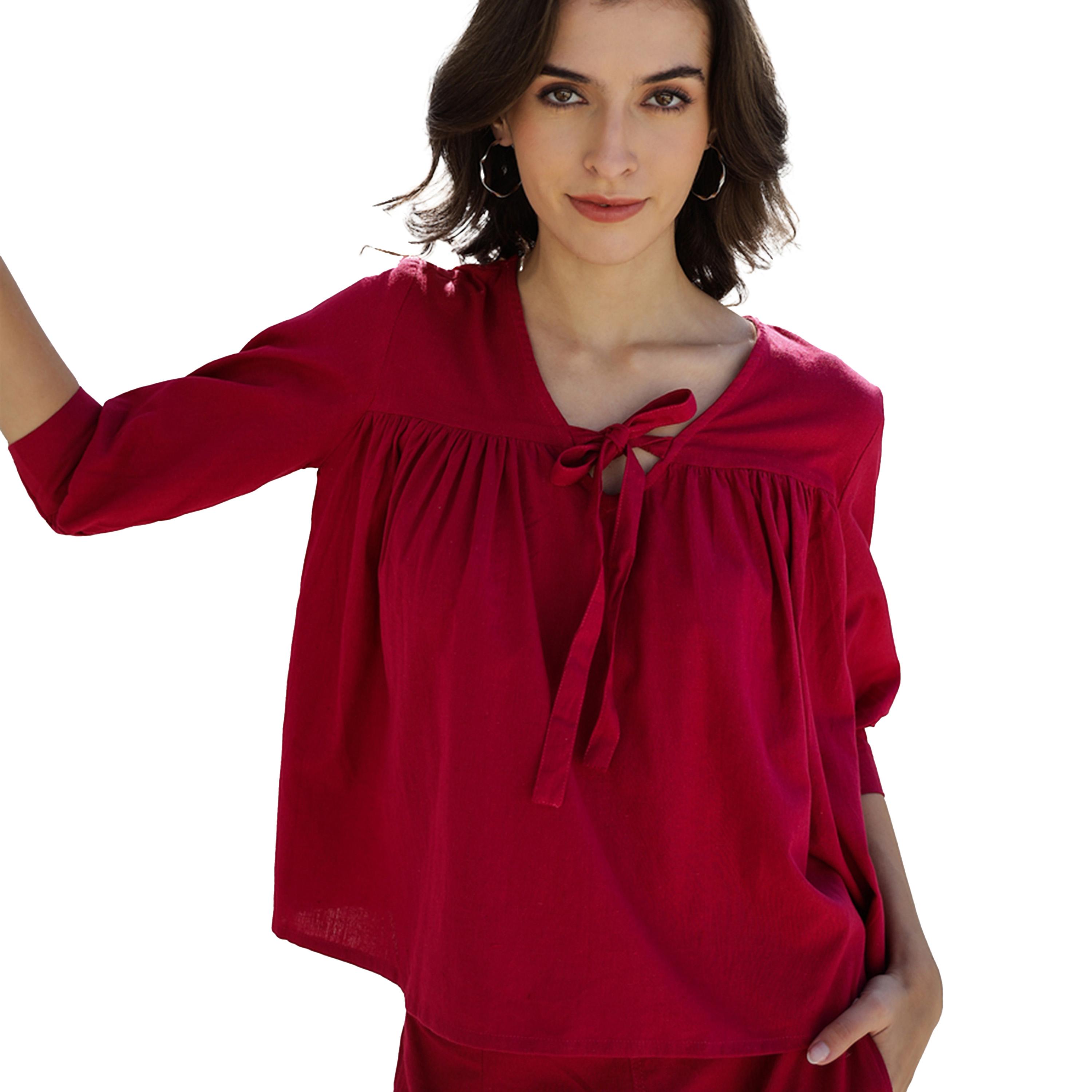 سانسكروتي هومز × ستايلي - طقم بلوزة قطنية سادة برقبة مربعة مع بنطال-women-clothing-coordsets-image-6