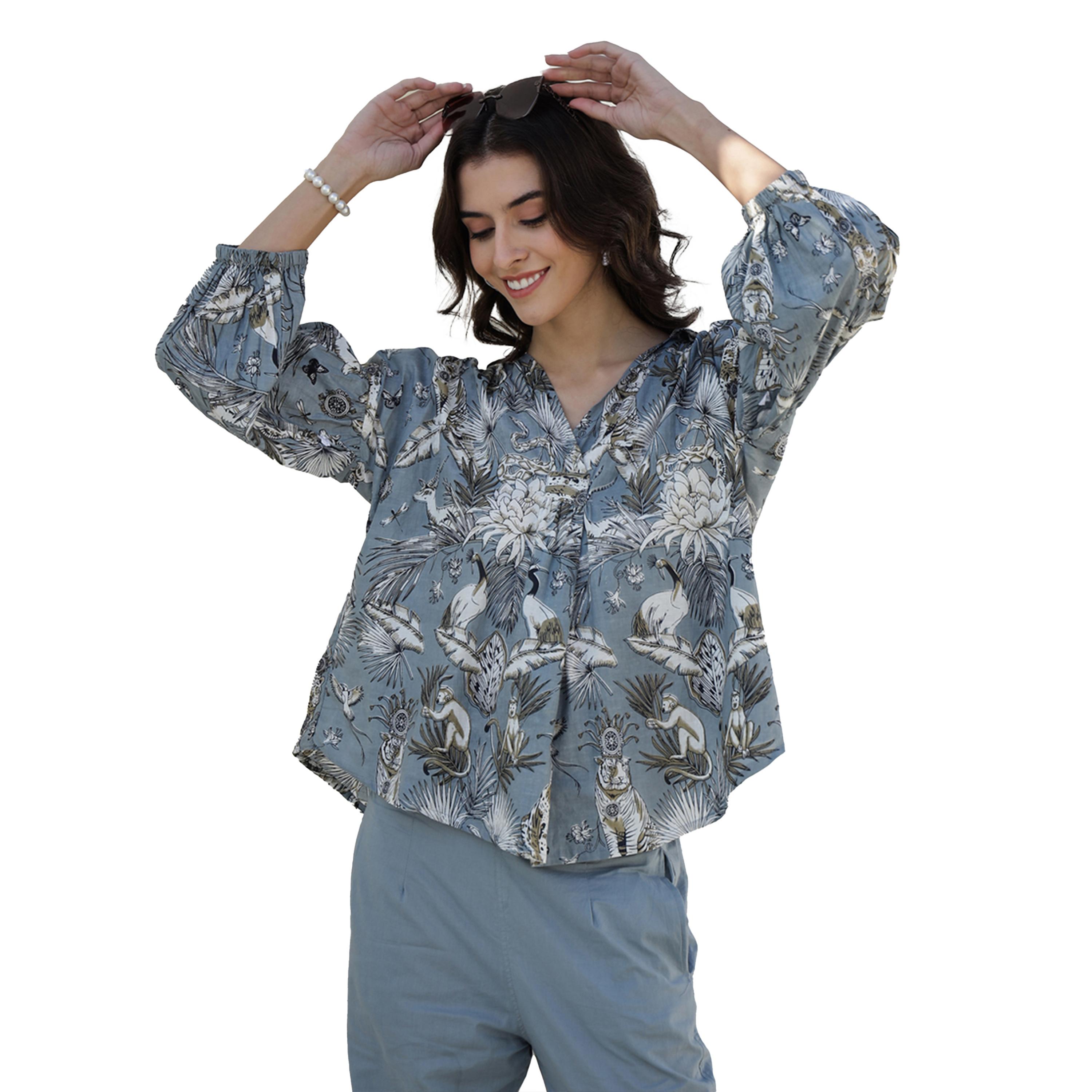 سانسكروتي هومز × ستايلي - طقم قميص قطني مطبوع بياقة V مع بنطال-women-clothing-coordsets-image-5