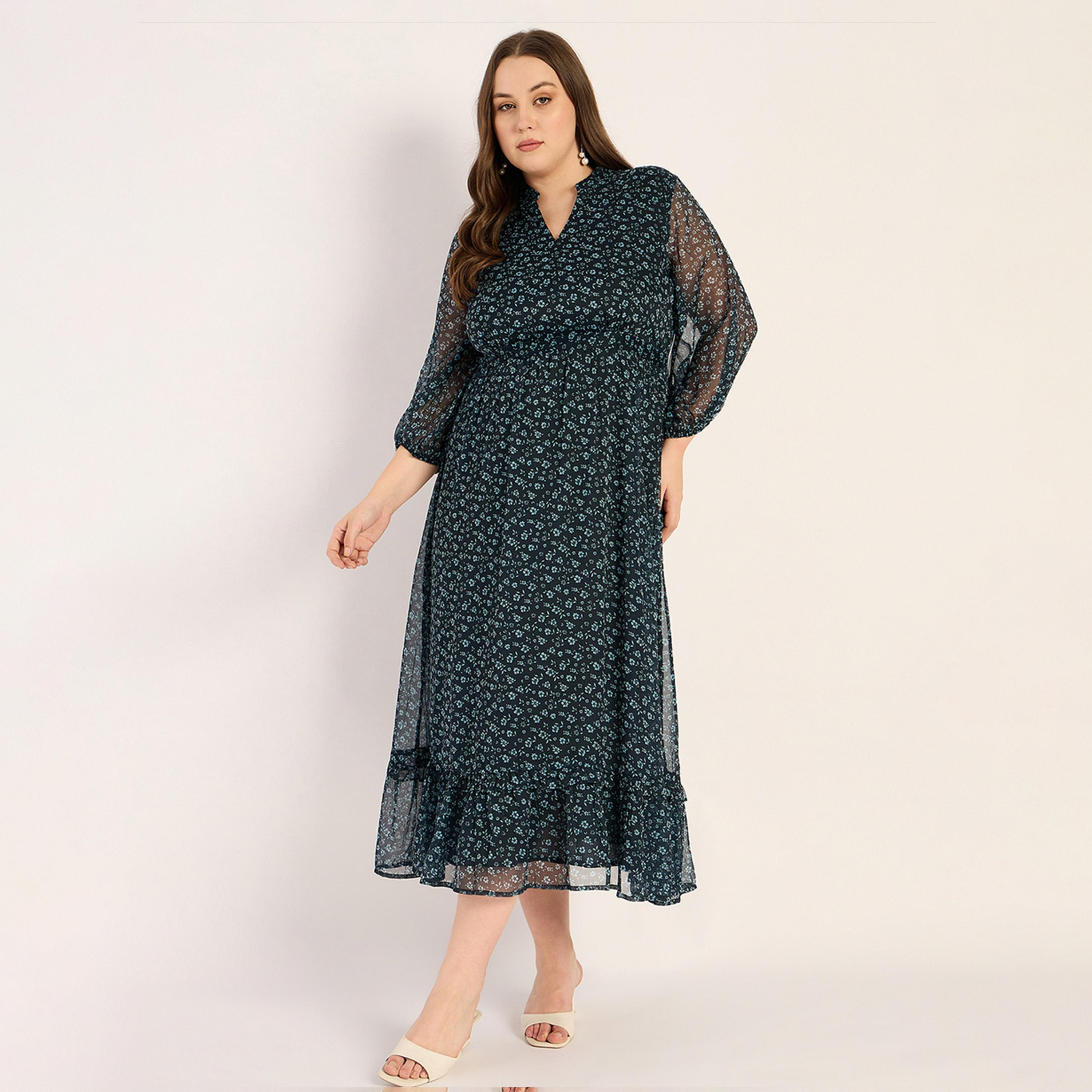 فيميلا × ستايلي - فستان ماكسي طبقات بطبعات الأزهار - كحلي-women-clothing-dresses-image-1