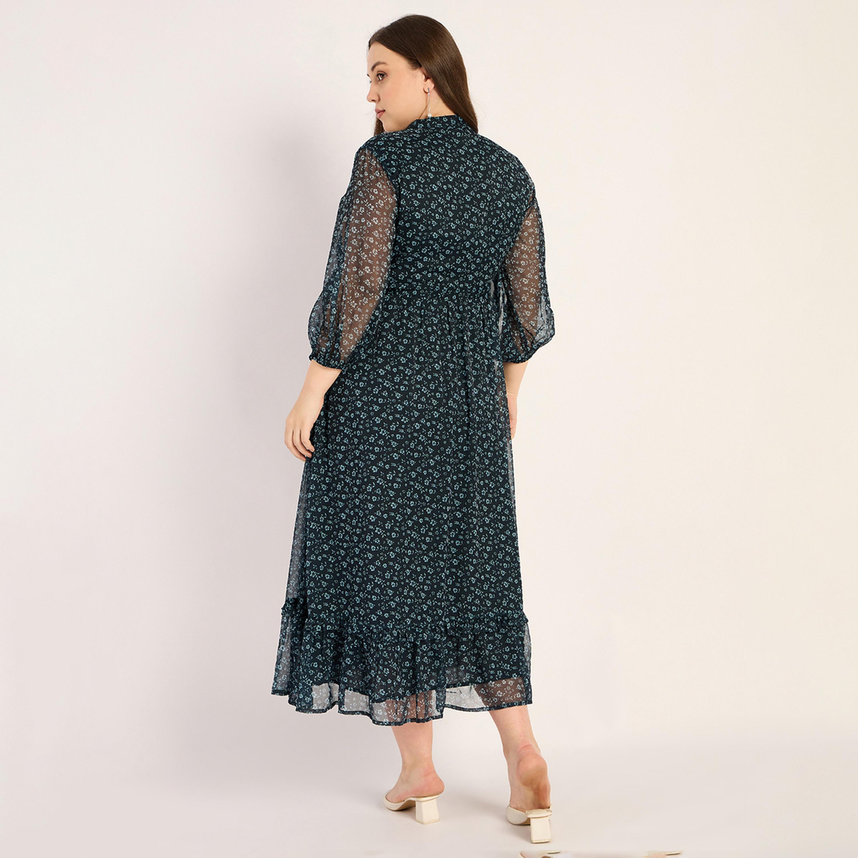 فيميلا × ستايلي - فستان ماكسي طبقات بطبعات الأزهار - كحلي-women-clothing-dresses-image-2