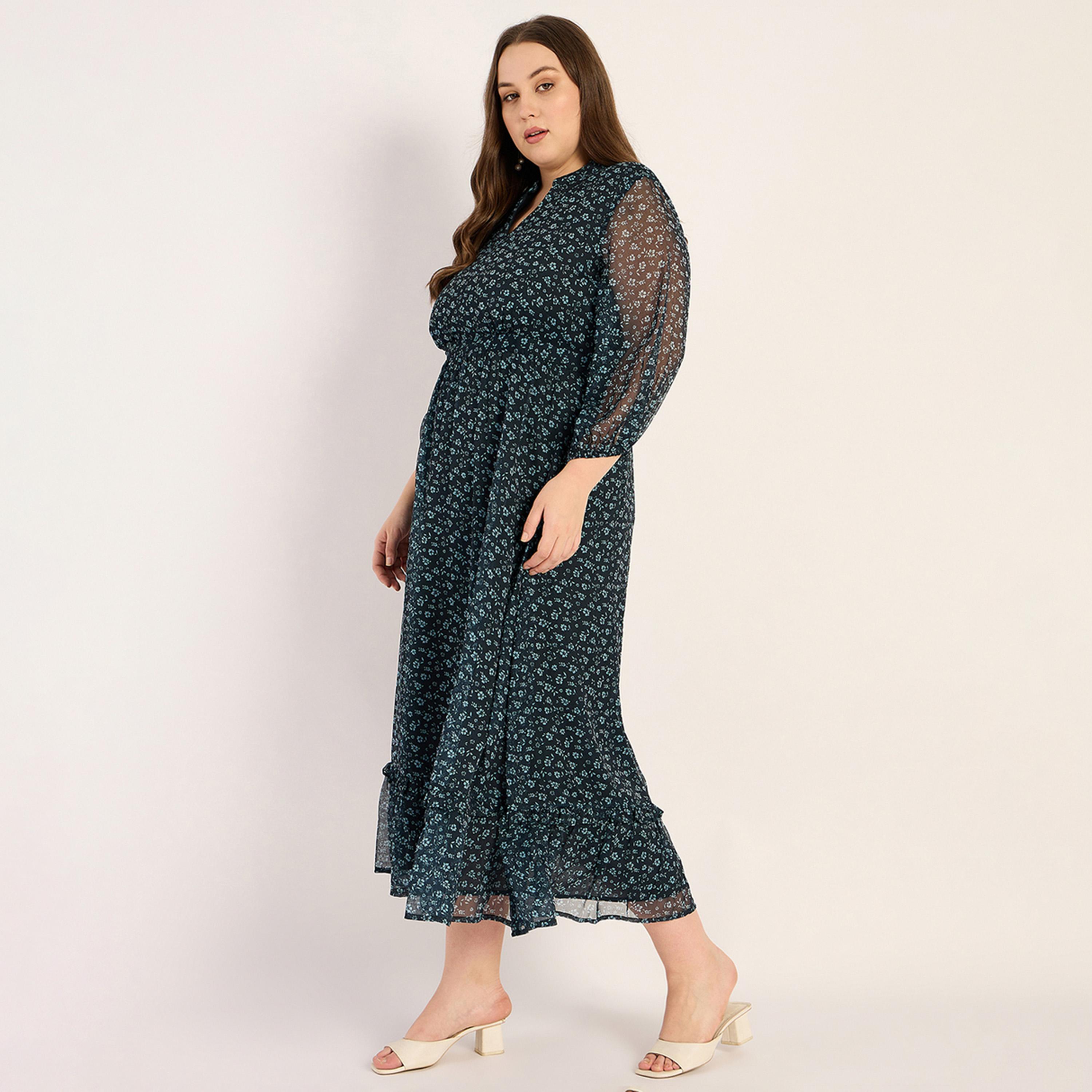 فيميلا × ستايلي - فستان ماكسي طبقات بطبعات الأزهار - كحلي-women-clothing-dresses-image-3