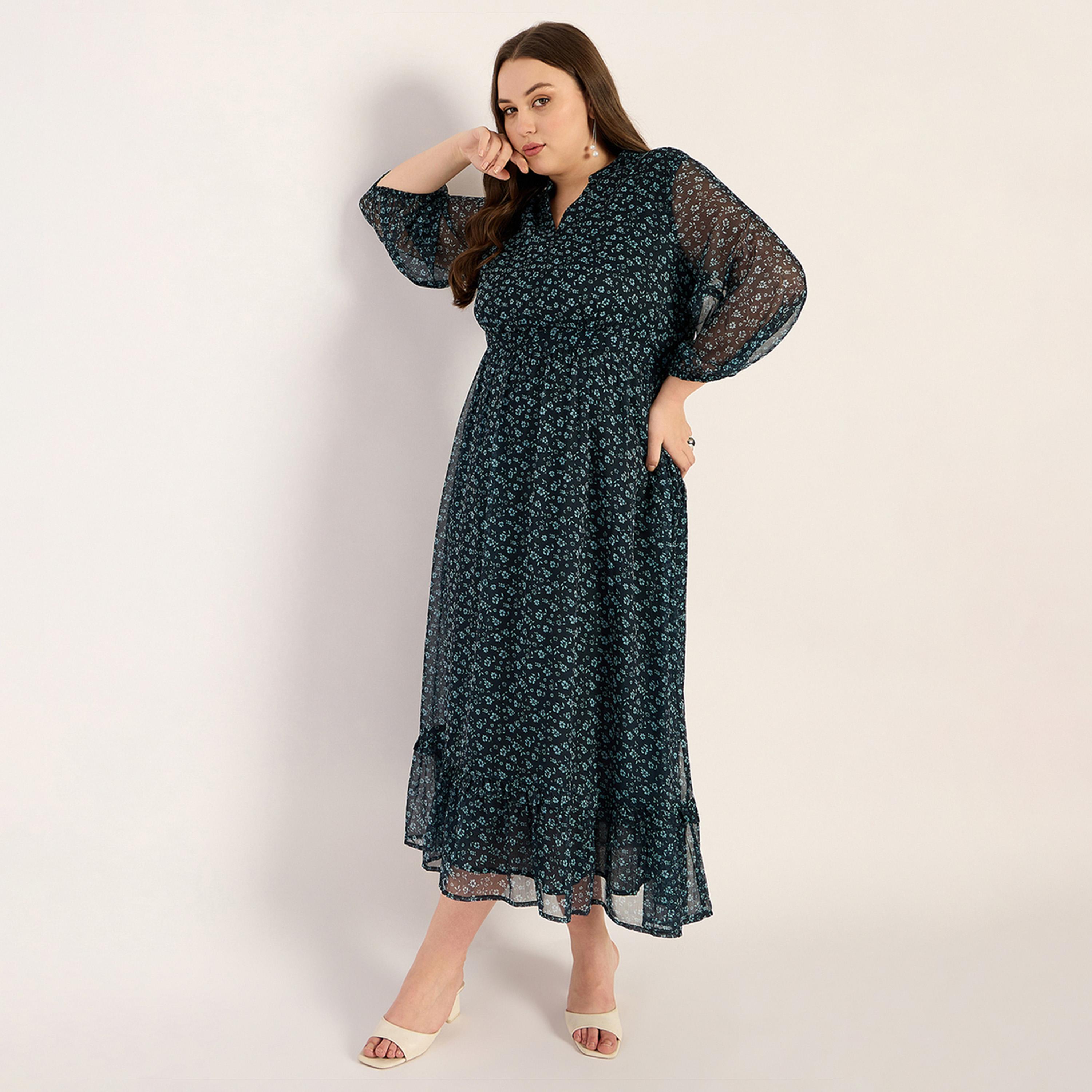 فيميلا × ستايلي - فستان ماكسي طبقات بطبعات الأزهار - كحلي-women-clothing-dresses-image-4