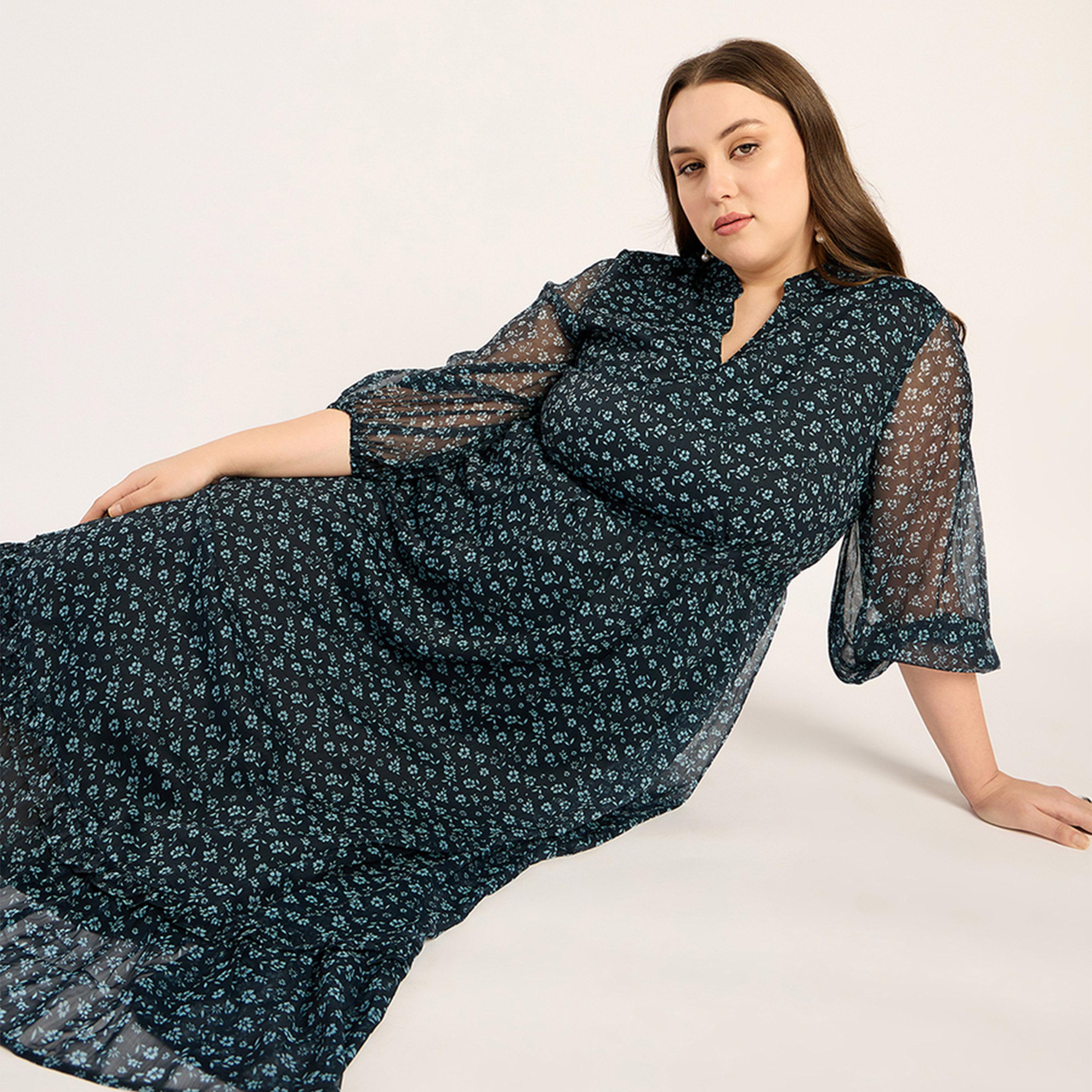 فيميلا × ستايلي - فستان ماكسي طبقات بطبعات الأزهار - كحلي-women-clothing-dresses-image-5