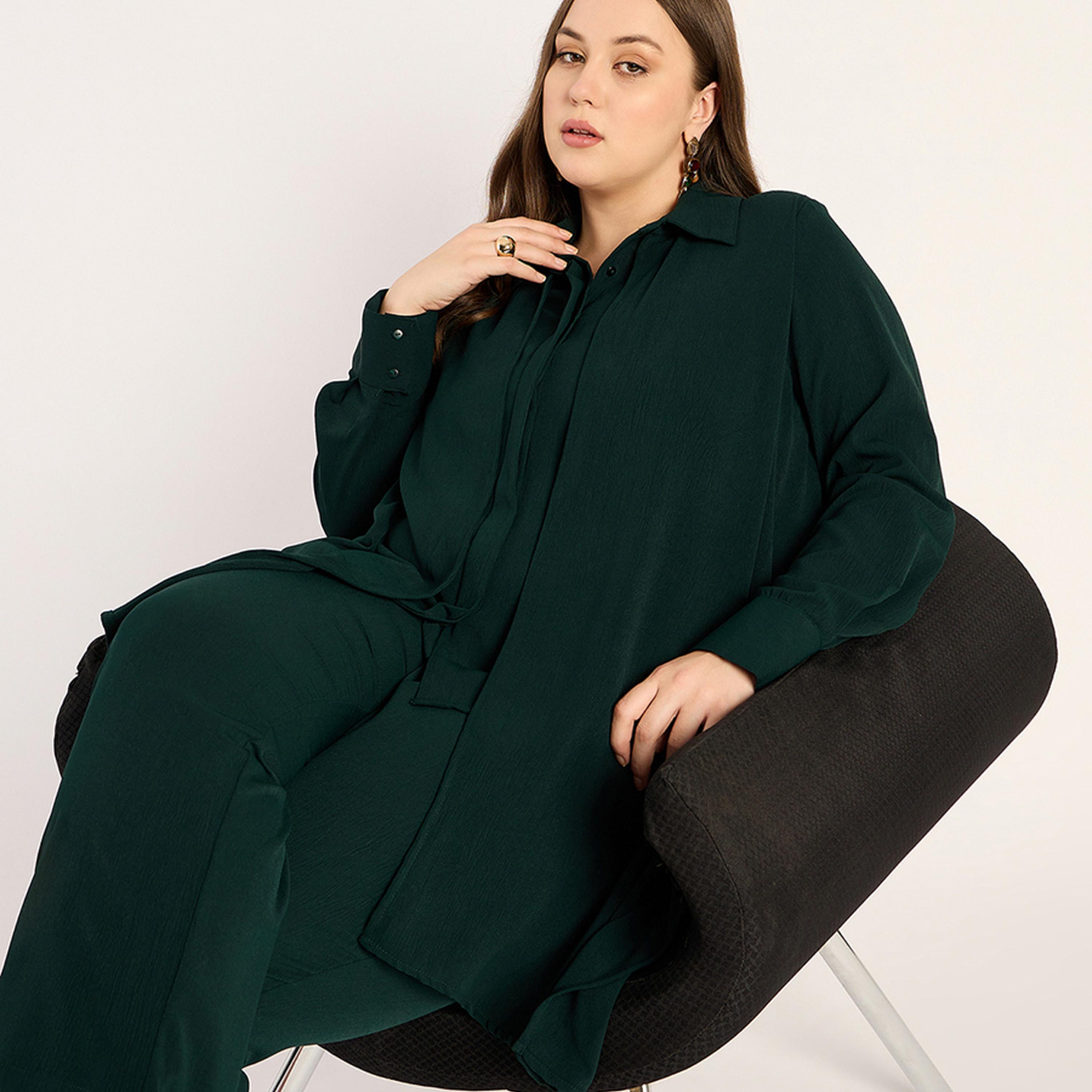 فيميلا × ستايلي - طقم مجعد بحافة غير متماثلة - أخضر الغابة-women-clothing-dresses-image-5