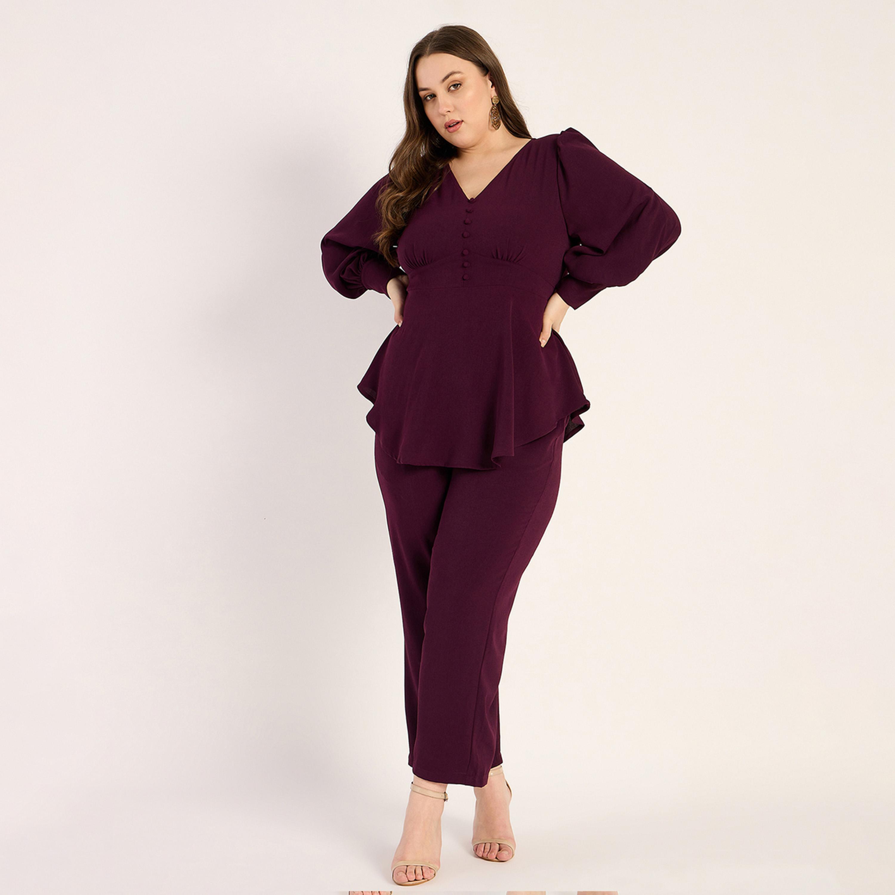 فيميلا × ستايلي - طقم مجعد بياقة V - نبيذي-women-clothing-dresses-image-1