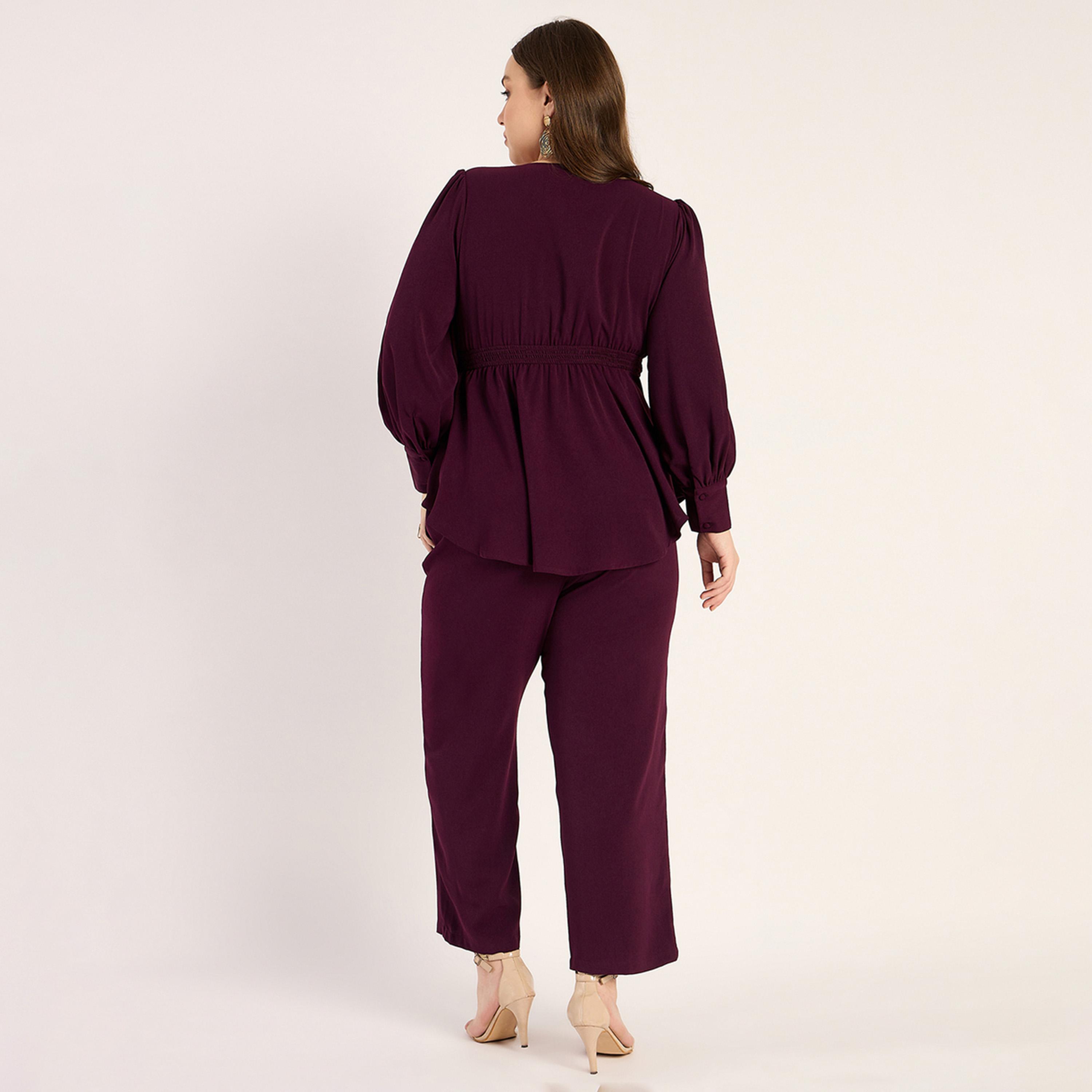 فيميلا × ستايلي - طقم مجعد بياقة V - نبيذي-women-clothing-dresses-image-2