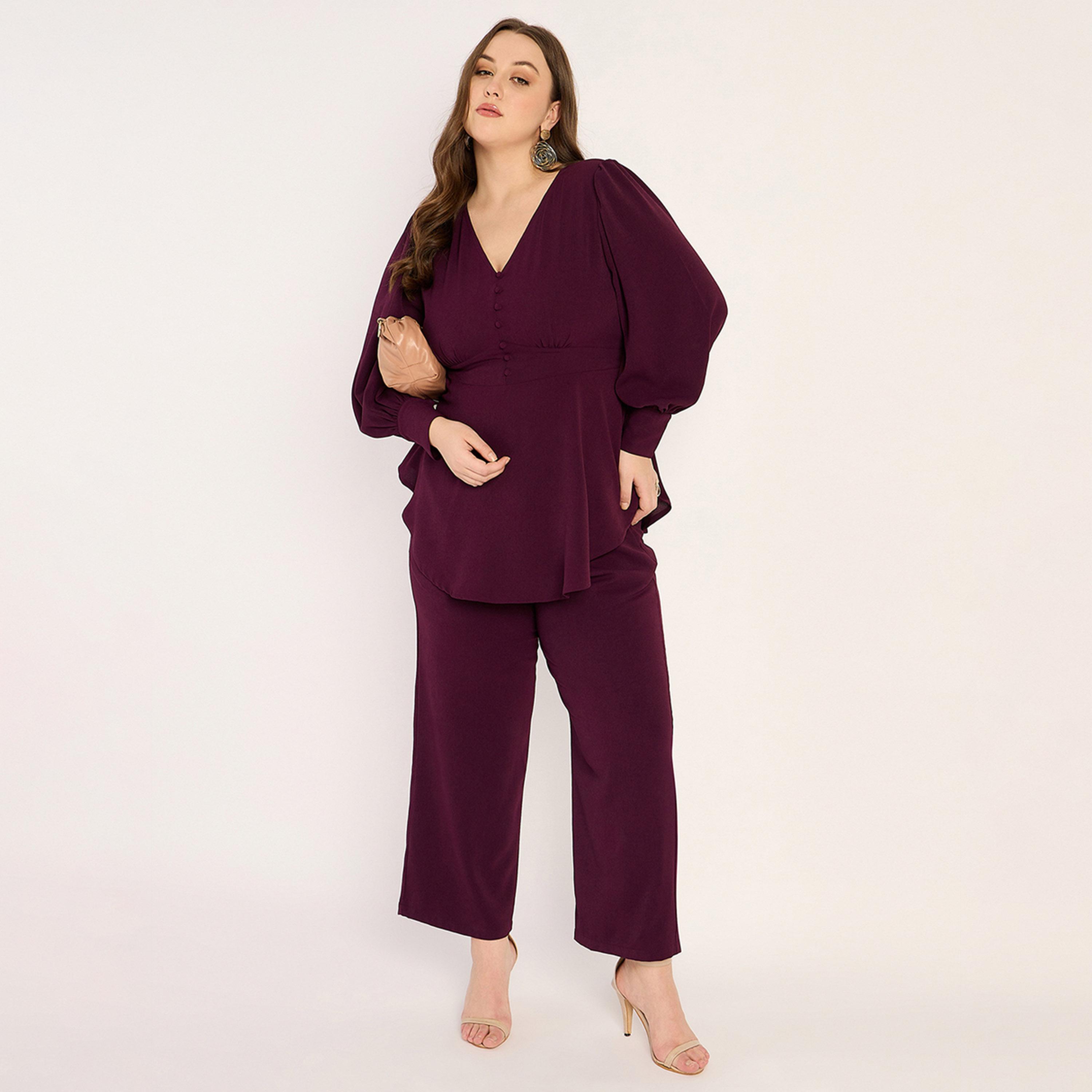 فيميلا × ستايلي - طقم مجعد بياقة V - نبيذي-women-clothing-dresses-image-5