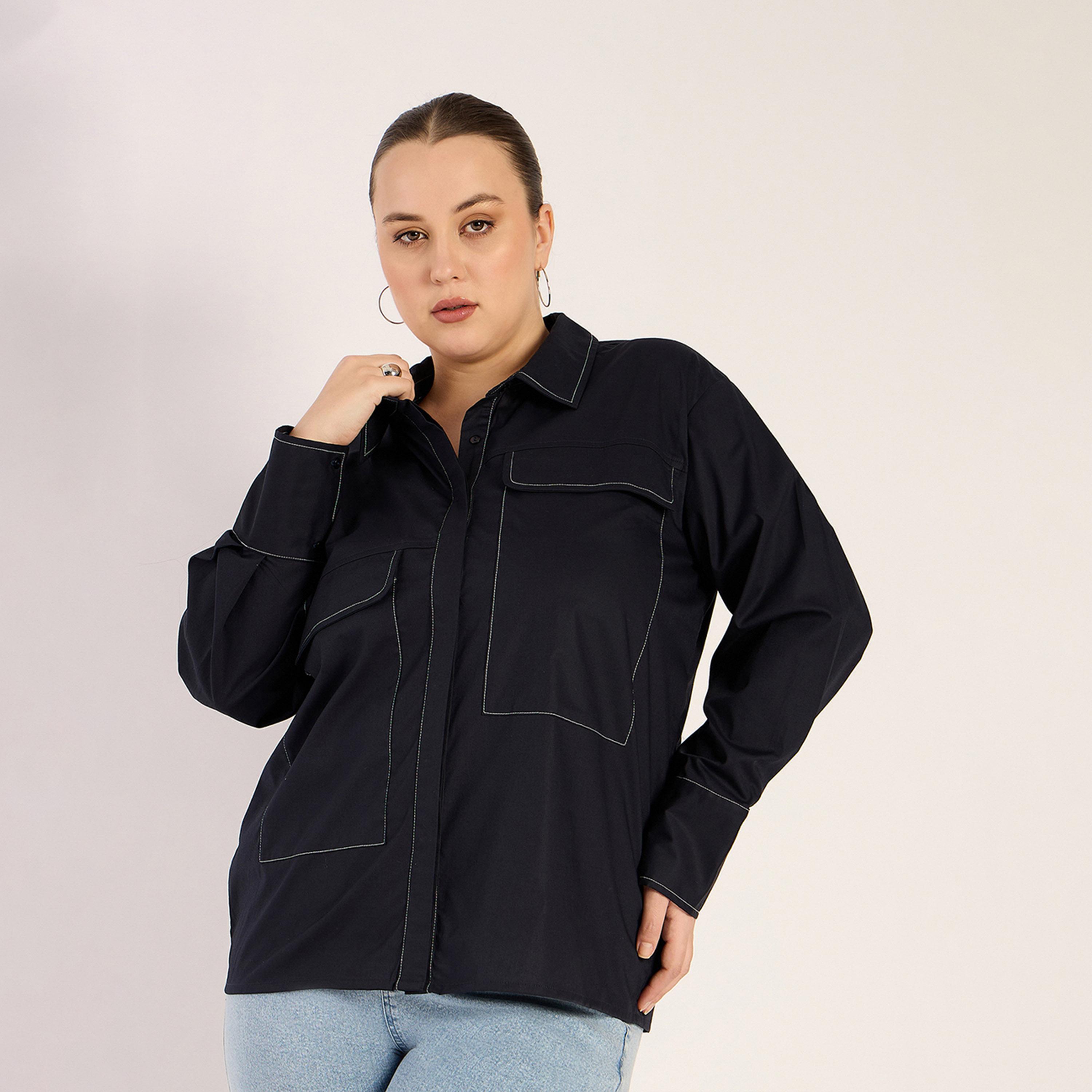Femmella X Styli Navy Stitch Detailing Poplin Shirt-women-clothing-shirtsandblouses-shirts-image-1