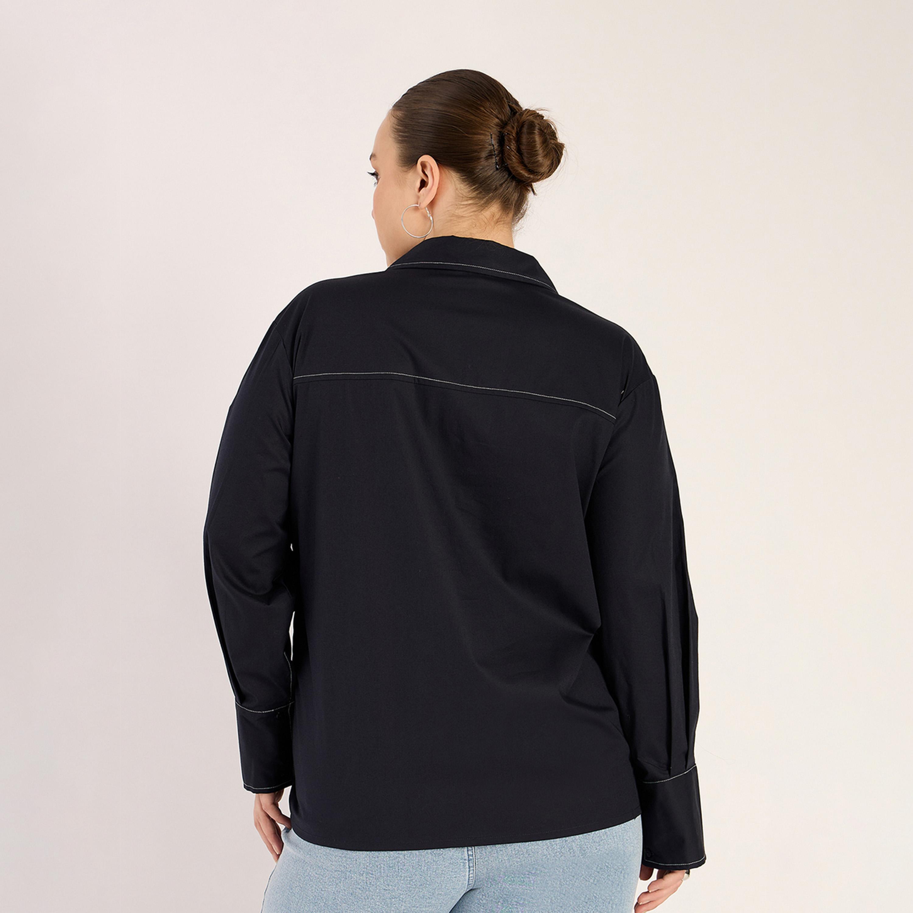 Femmella X Styli Navy Stitch Detailing Poplin Shirt-women-clothing-shirtsandblouses-shirts-image-2