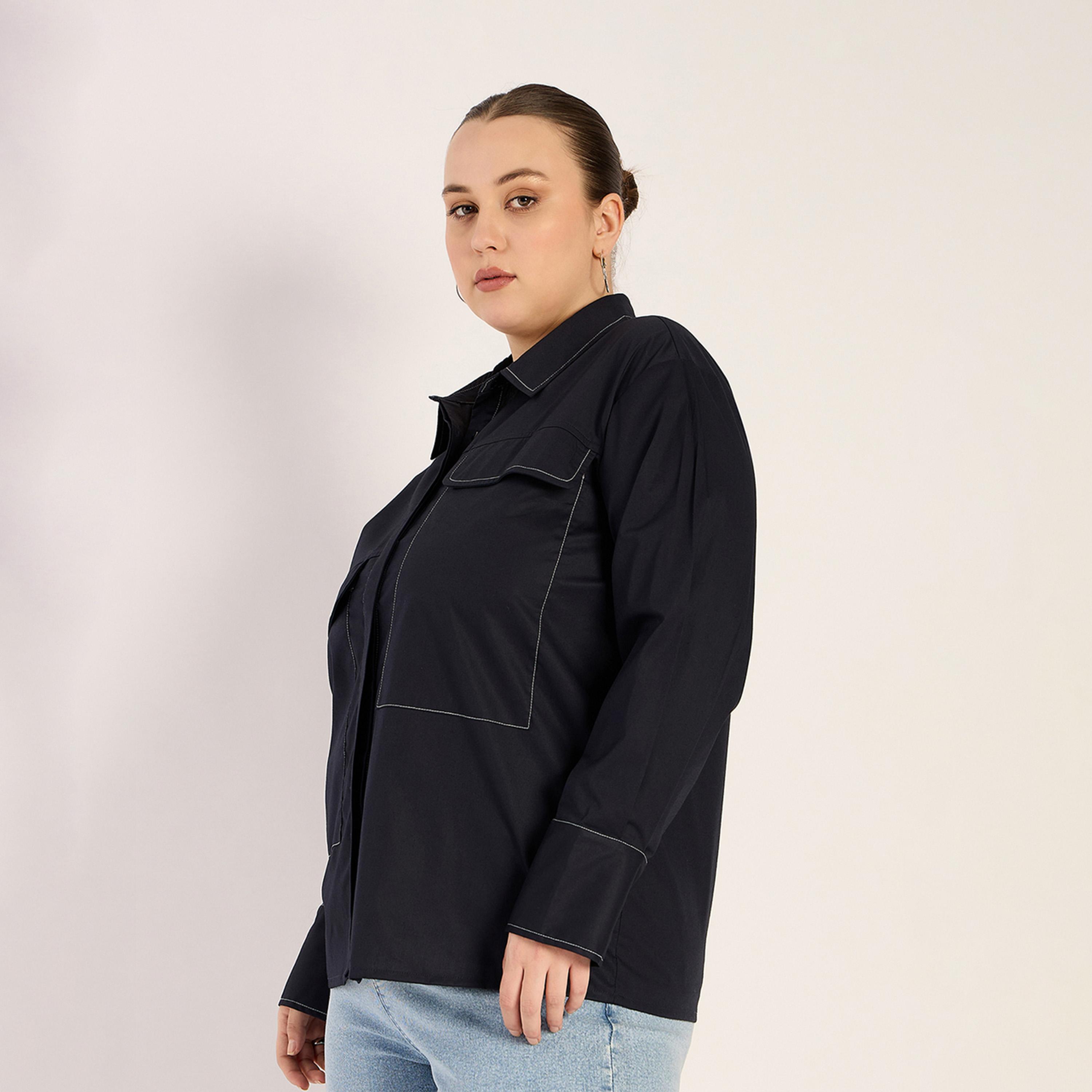 Femmella X Styli Navy Stitch Detailing Poplin Shirt-women-clothing-shirtsandblouses-shirts-image-3