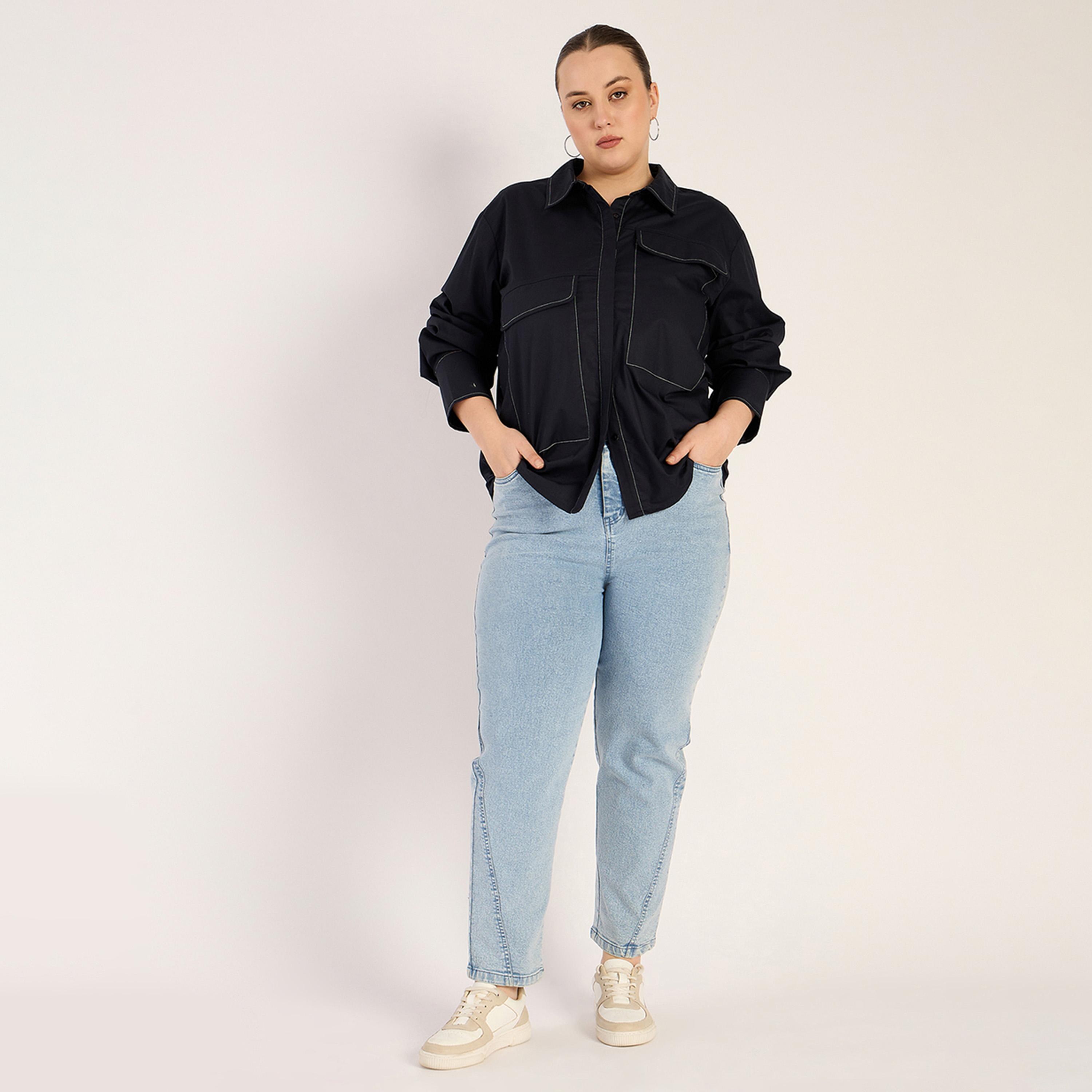 فيميلا × ستايلي - قميص بوبلين مع تفاصيل خياطة - كحلي-women-clothing-shirtsandblouses-shirts-image-4