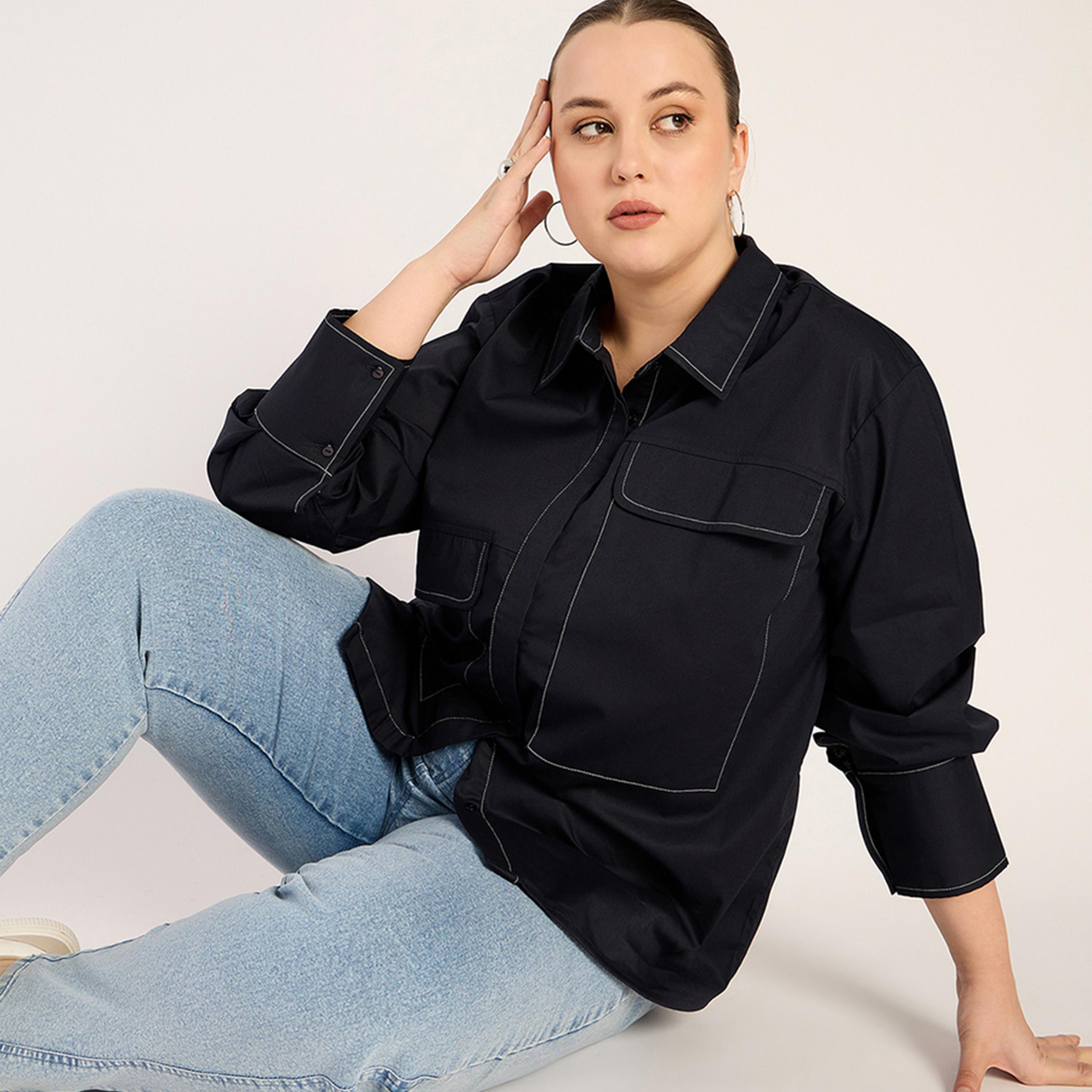 Femmella X Styli Navy Stitch Detailing Poplin Shirt-women-clothing-shirtsandblouses-shirts-image-5