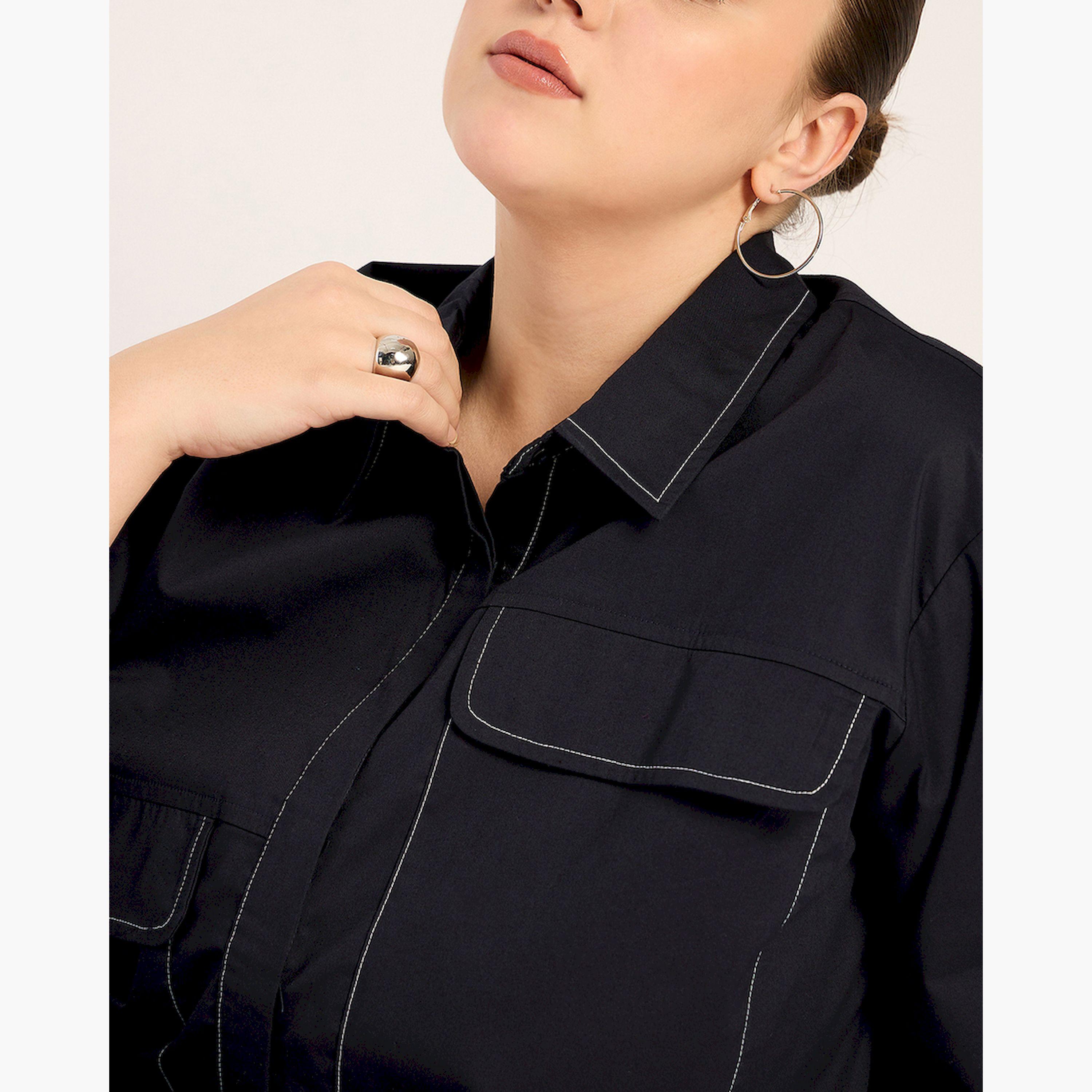 Femmella X Styli Navy Stitch Detailing Poplin Shirt-women-clothing-shirtsandblouses-shirts-image-6