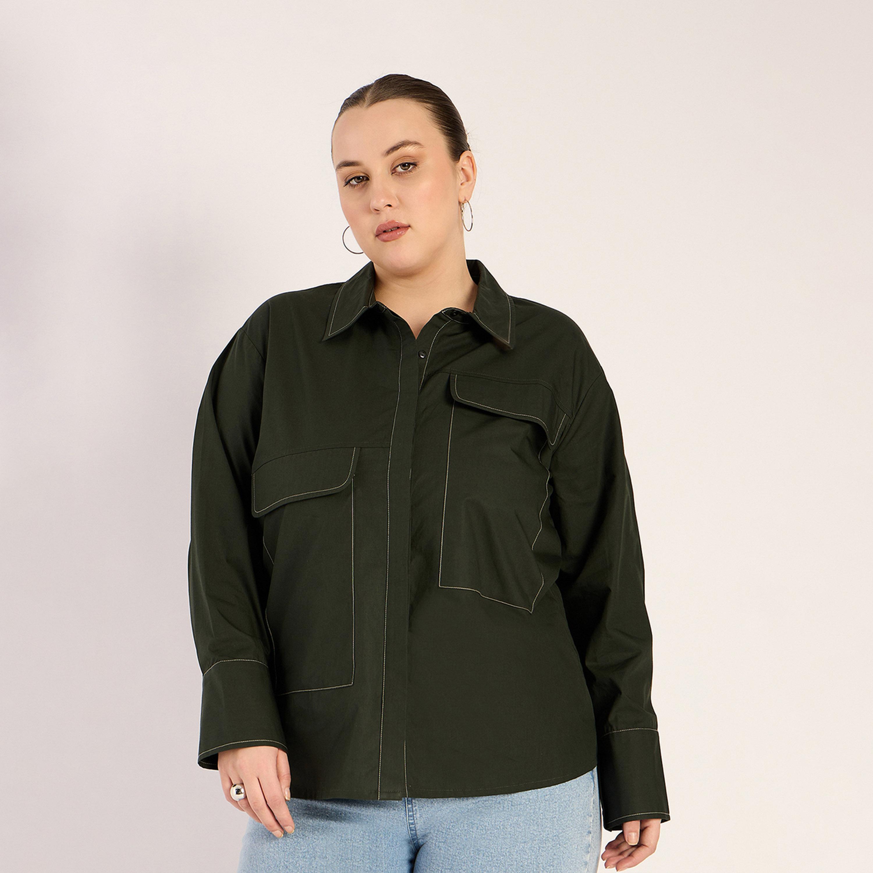 Femmella X Styli Olive Stitch Detailing Poplin Shirt-women-clothing-shirtsandblouses-shirts-image-1