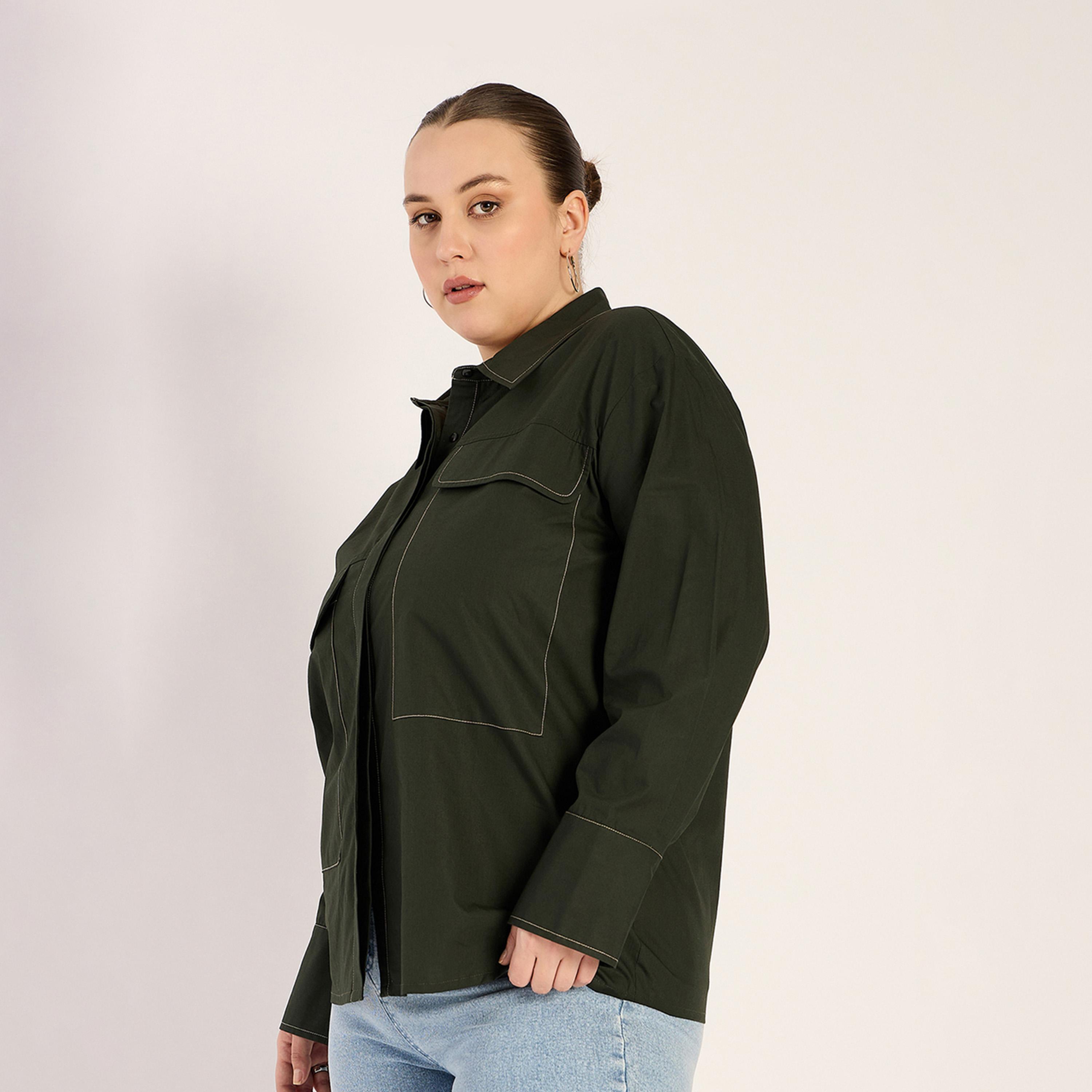 Femmella X Styli Olive Stitch Detailing Poplin Shirt-women-clothing-shirtsandblouses-shirts-image-2