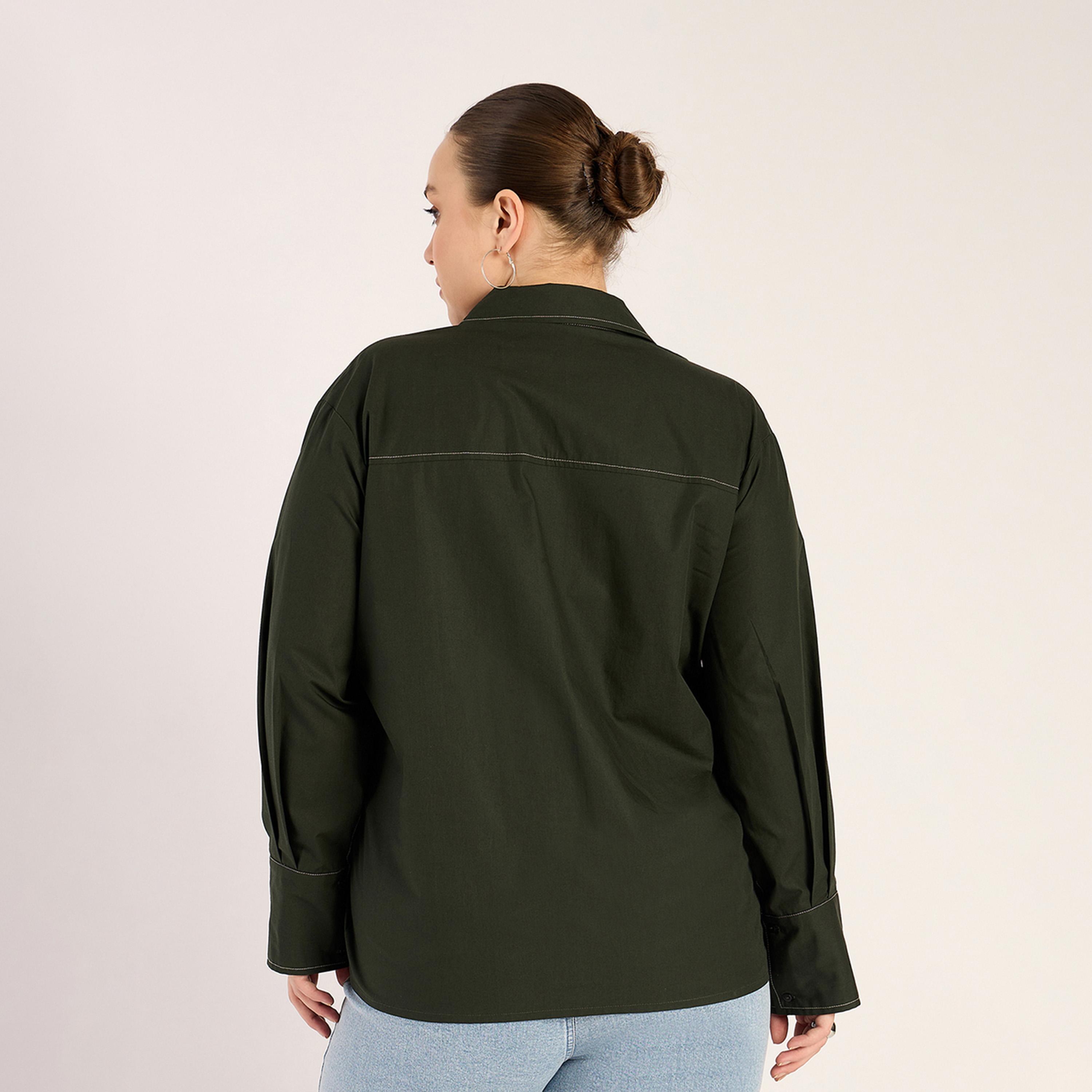 Femmella X Styli Olive Stitch Detailing Poplin Shirt-women-clothing-shirtsandblouses-shirts-image-3