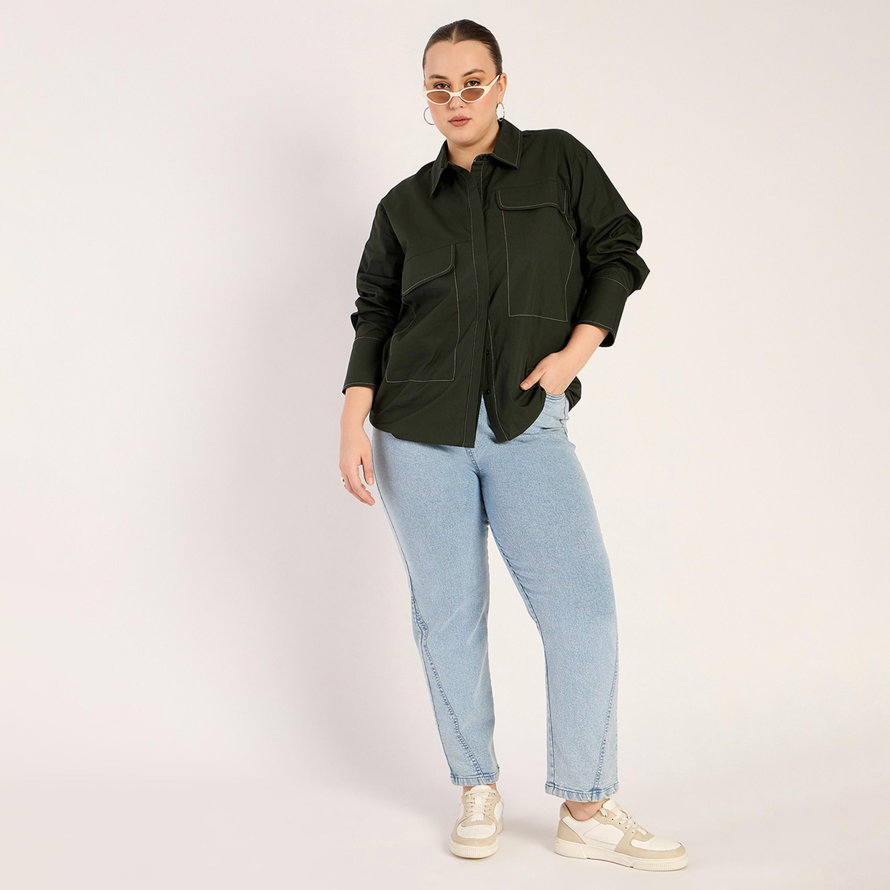 Femmella X Styli Olive Stitch Detailing Poplin Shirt-women-clothing-shirtsandblouses-shirts-image-4