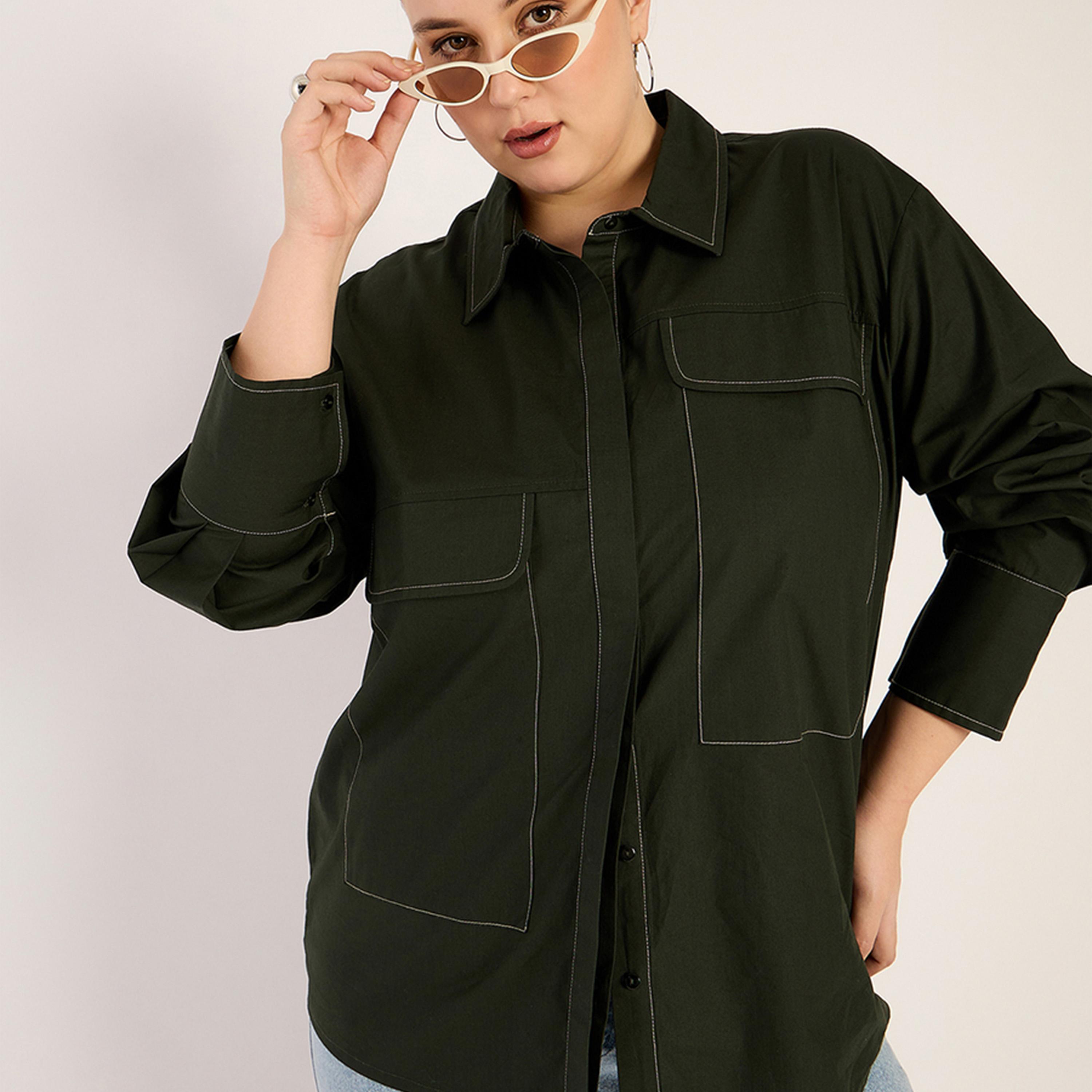 Femmella X Styli Olive Stitch Detailing Poplin Shirt-women-clothing-shirtsandblouses-shirts-image-5