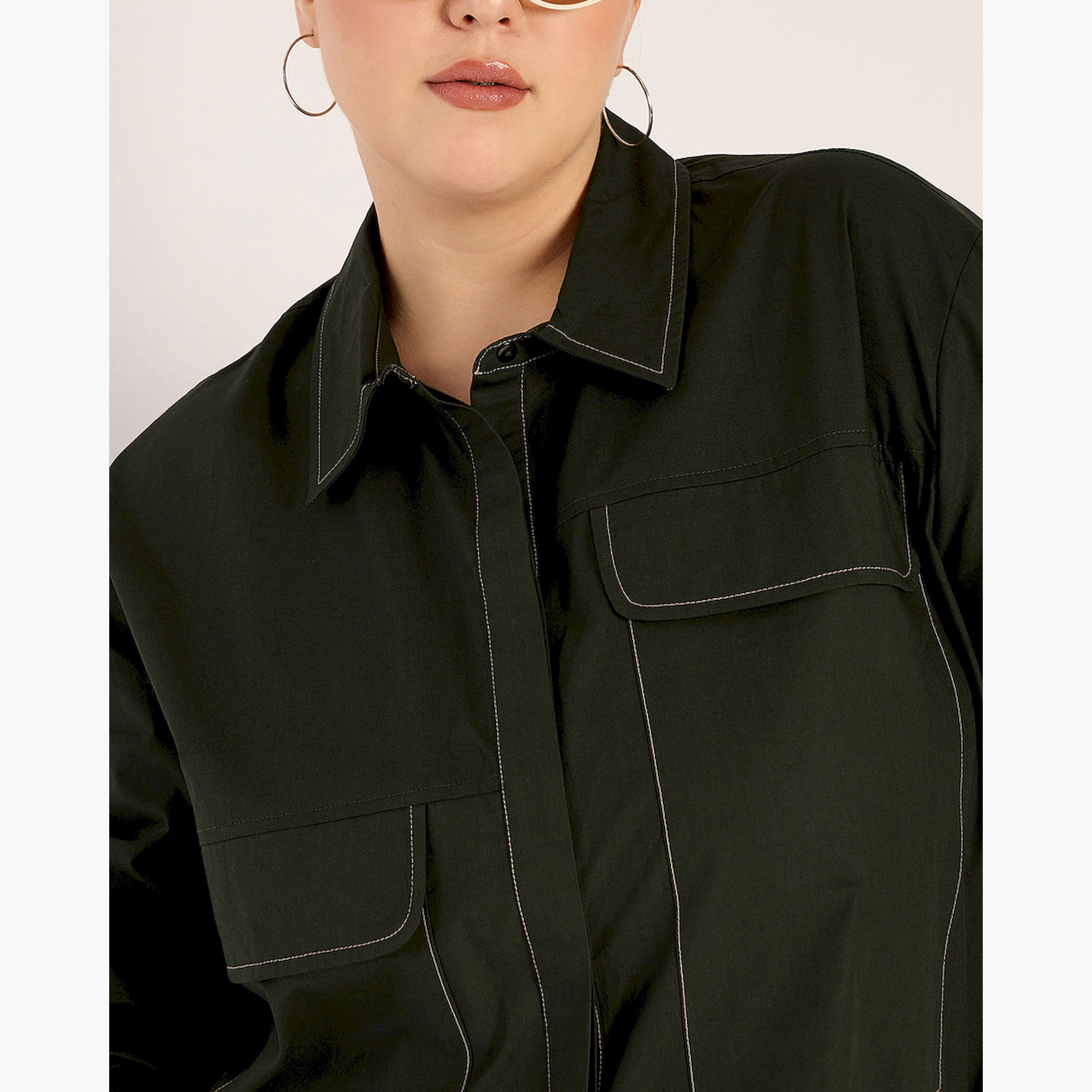 Femmella X Styli Olive Stitch Detailing Poplin Shirt-women-clothing-shirtsandblouses-shirts-image-6