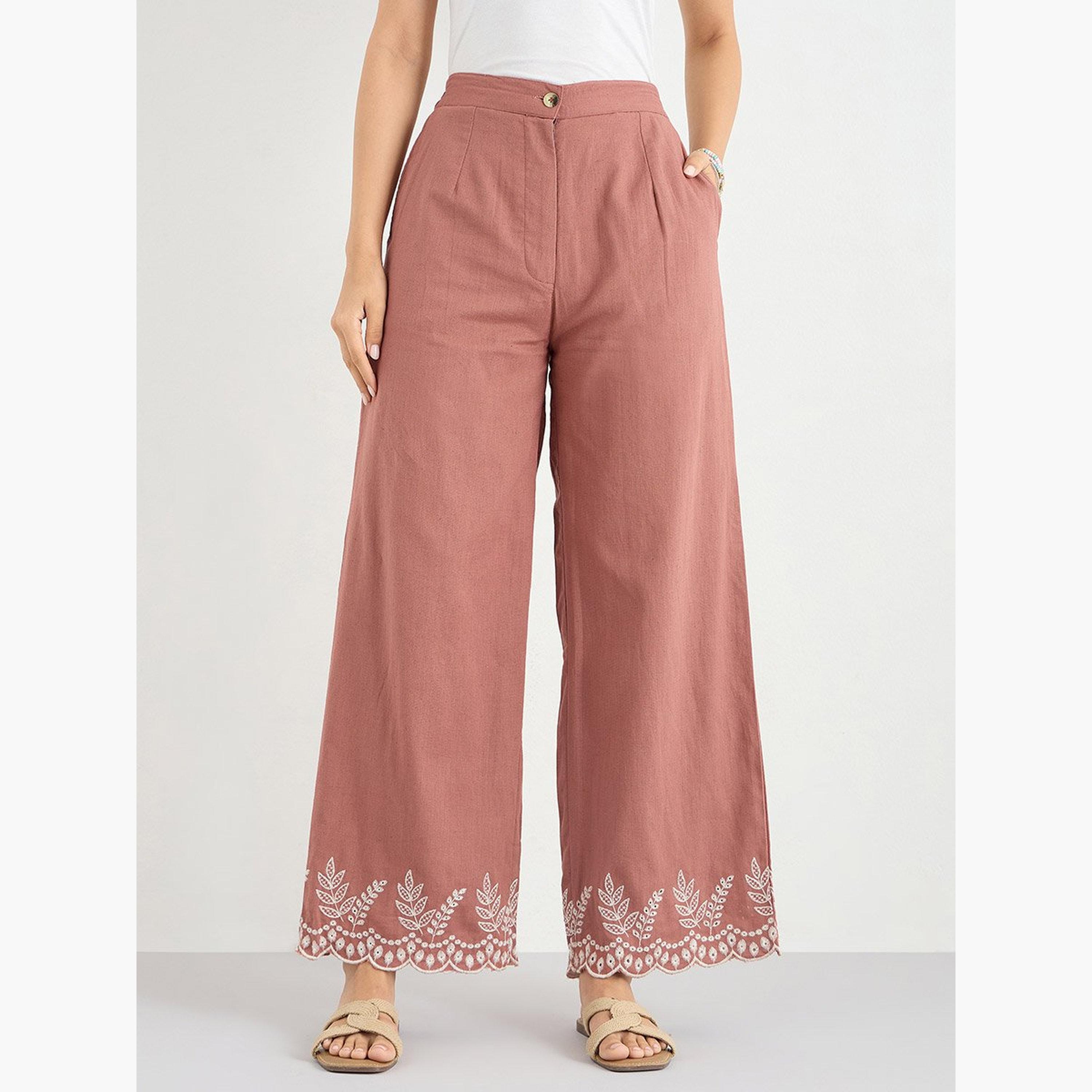 Styli Rust Wide Leg Trousers with Embroidered Hem-women-clothing-bottoms-trousers-image-1