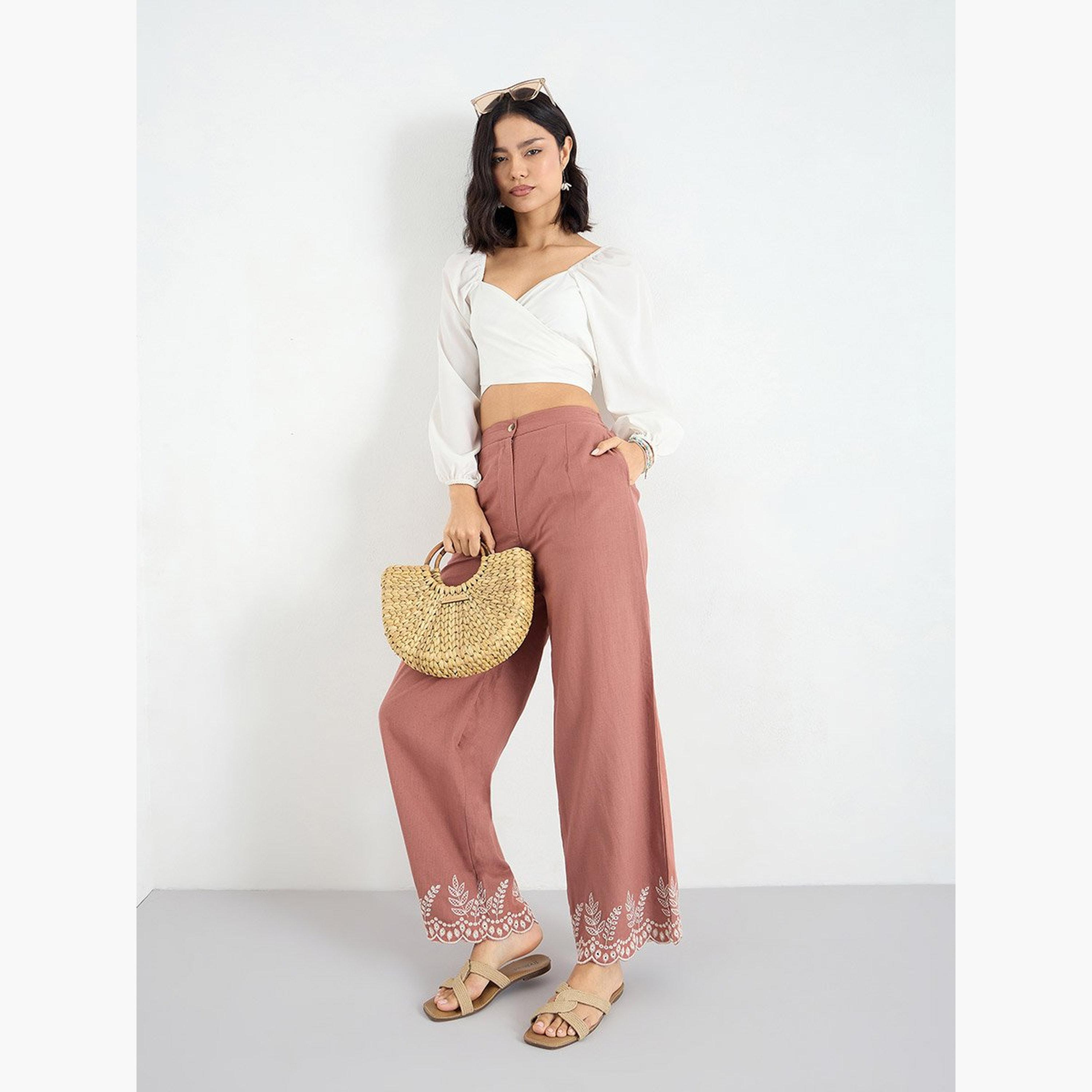 Styli Rust Wide Leg Trousers with Embroidered Hem-women-clothing-bottoms-trousers-image-2