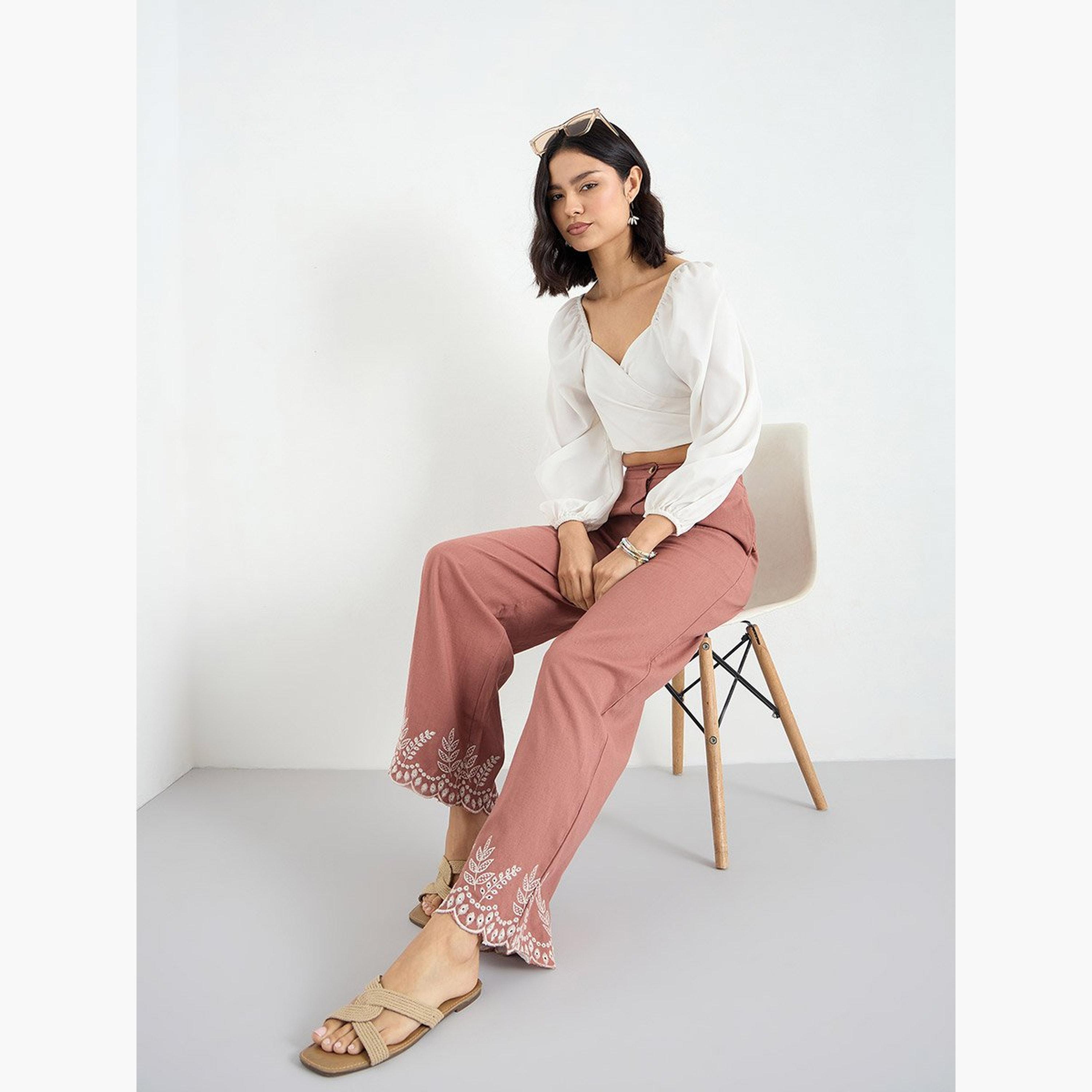 Styli Rust Wide Leg Trousers with Embroidered Hem-women-clothing-bottoms-trousers-image-3
