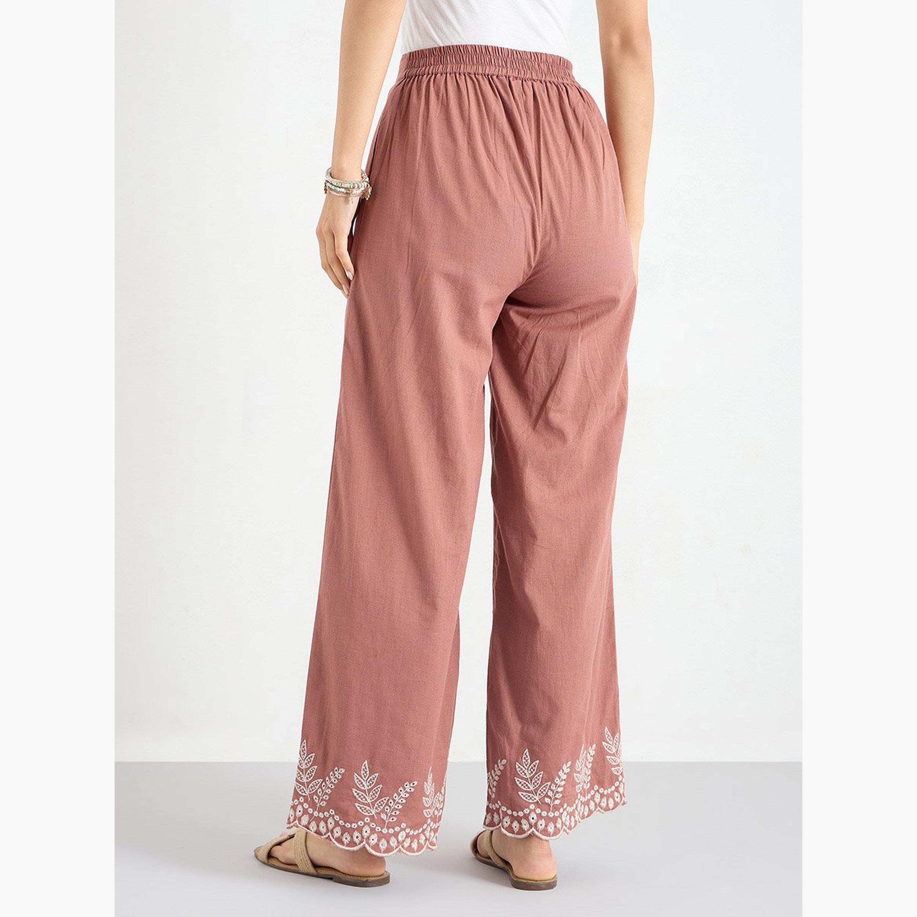 Styli Rust Wide Leg Trousers with Embroidered Hem-women-clothing-bottoms-trousers-image-5