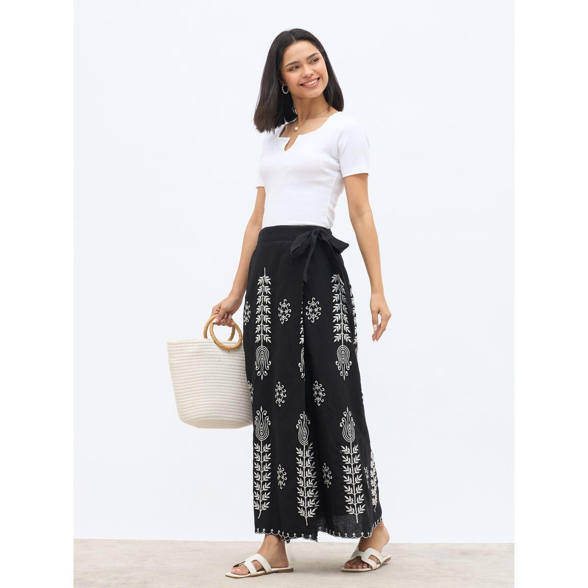 Styli Embroidered Straight Fit Maxi Skirt with Tie-Up Detail-women-clothing-bottoms-skirts-image-1