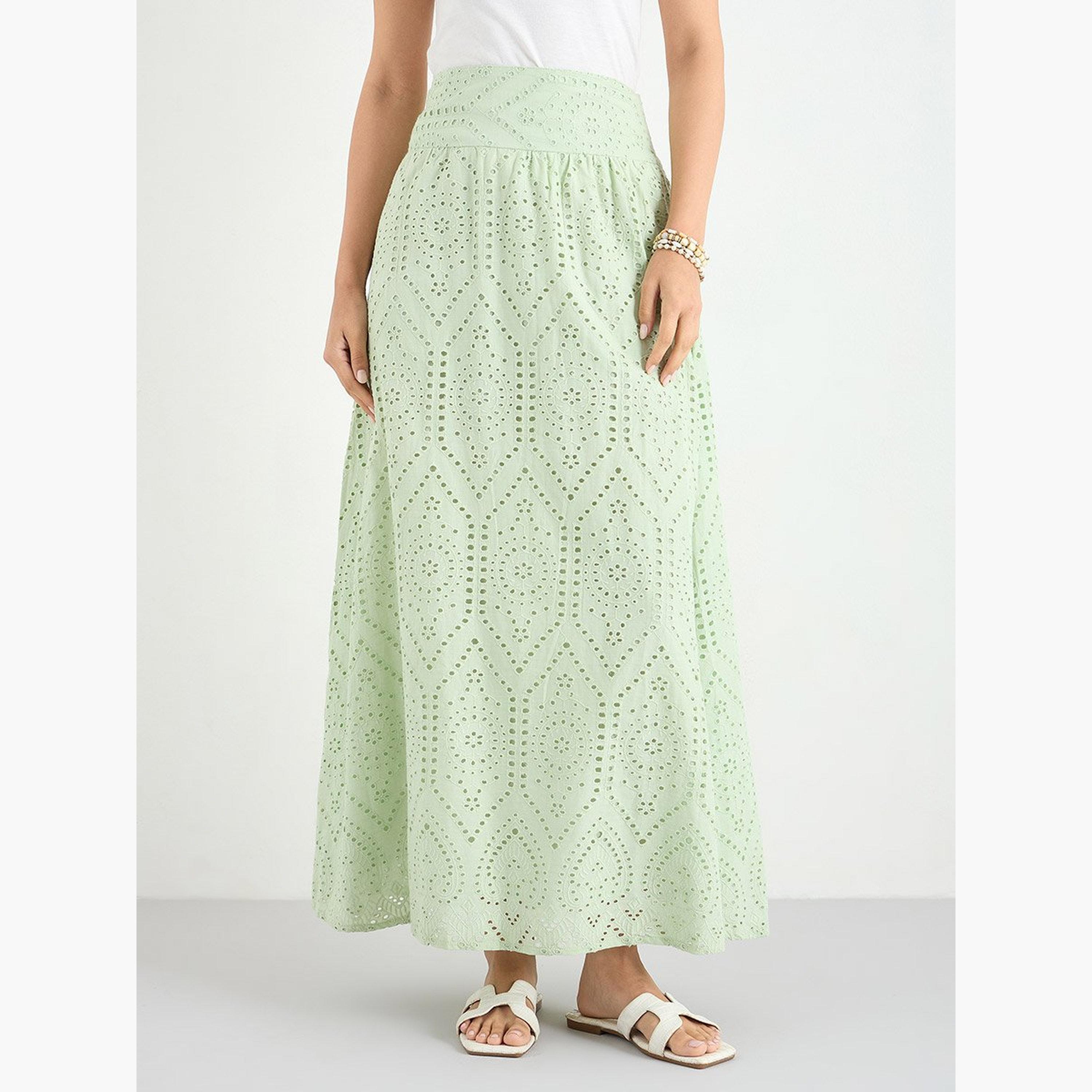 Styli Green Schiffli Maxi Skirt-women-clothing-bottoms-skirts-image-1