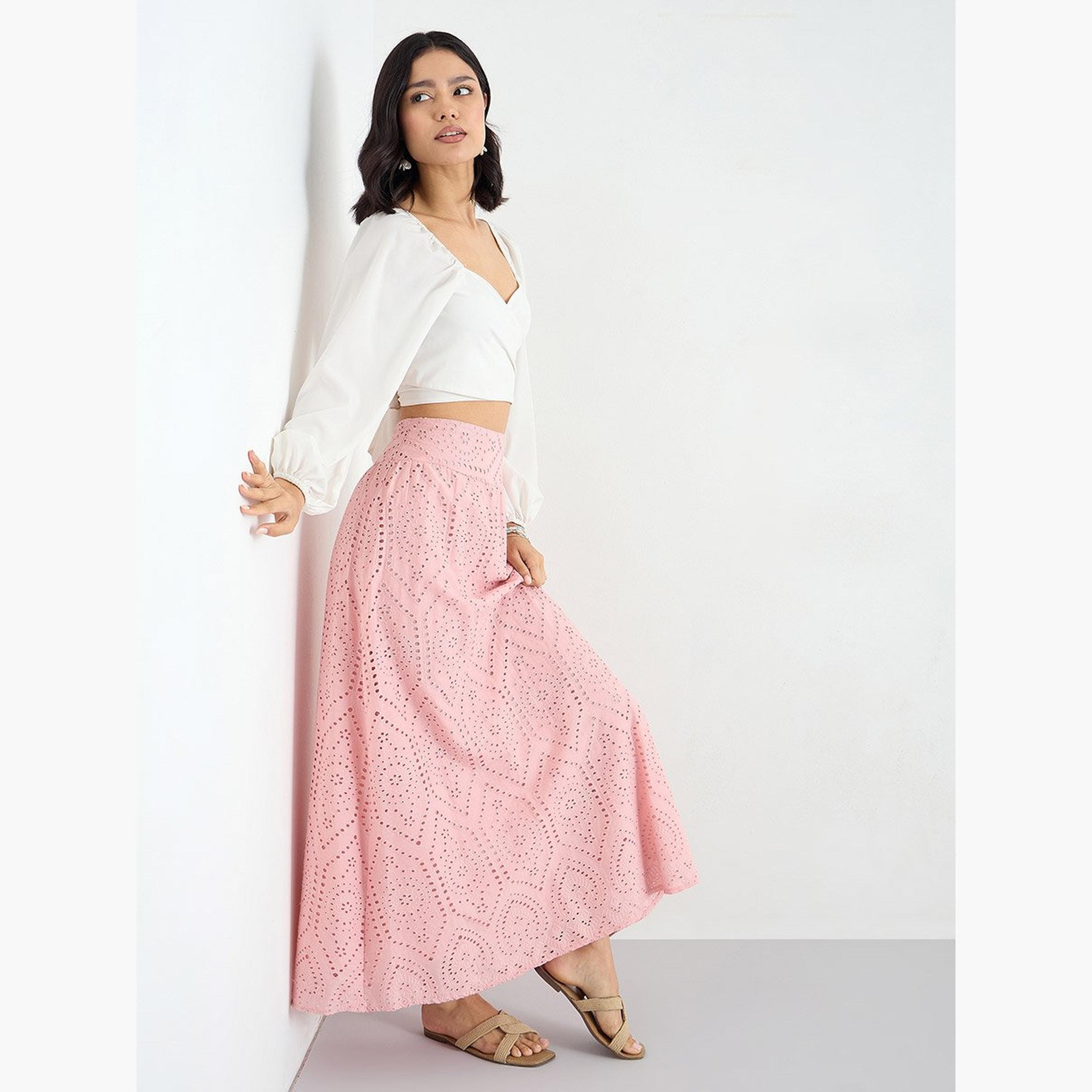 Styli Pink Schiffli Maxi Skirt-women-clothing-bottoms-skirts-image-3